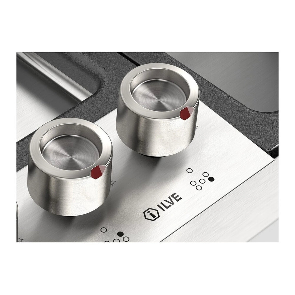 Stainless steel gas cooktop front knobs with engraved icons and black grate openings