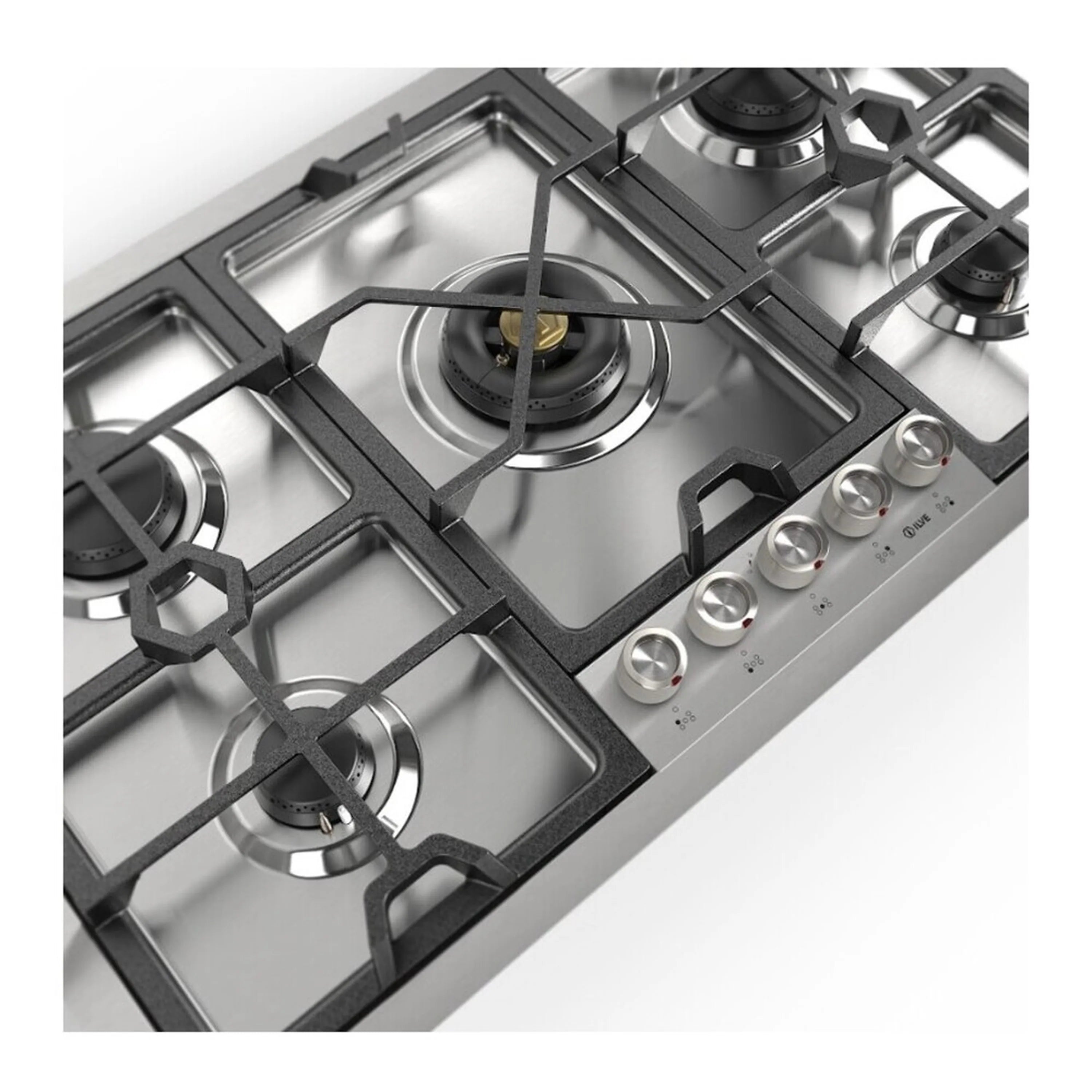 Stainless steel gas cooktop close-up of burners with black grate supports and knobs