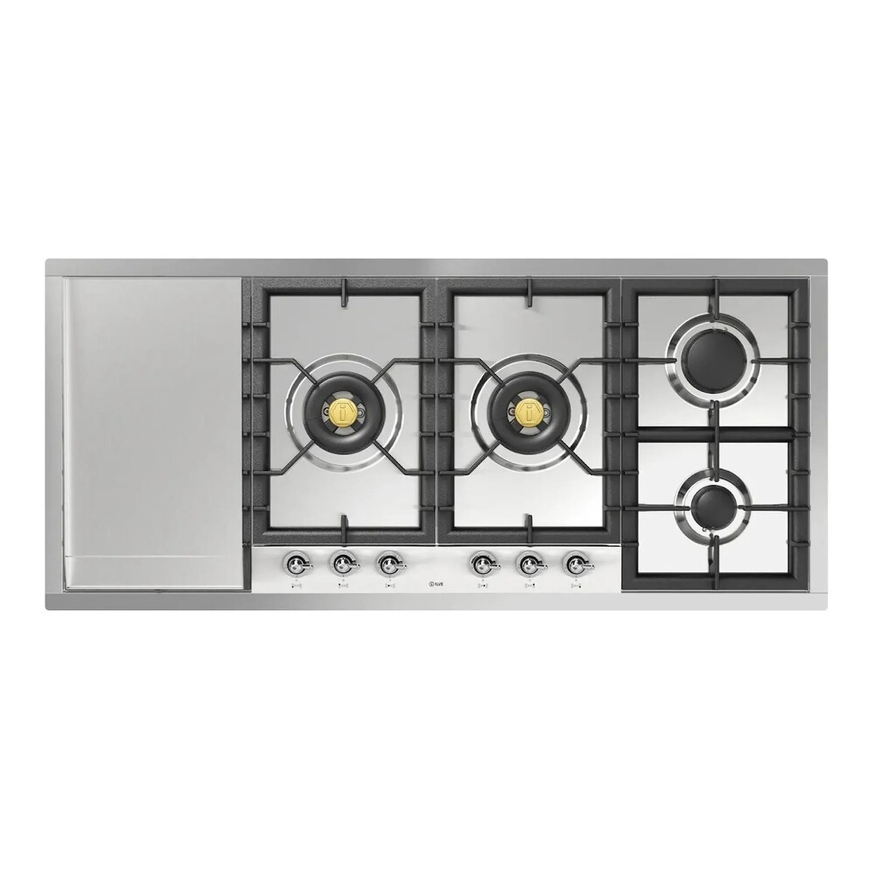 Stainless built-in gas cooktop with black cast-iron grates and six sealed burners