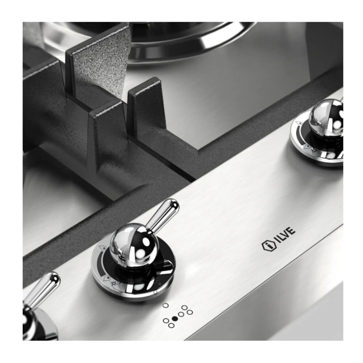 Close-up of stainless control panel with ILVE logo and cast-iron grate supports