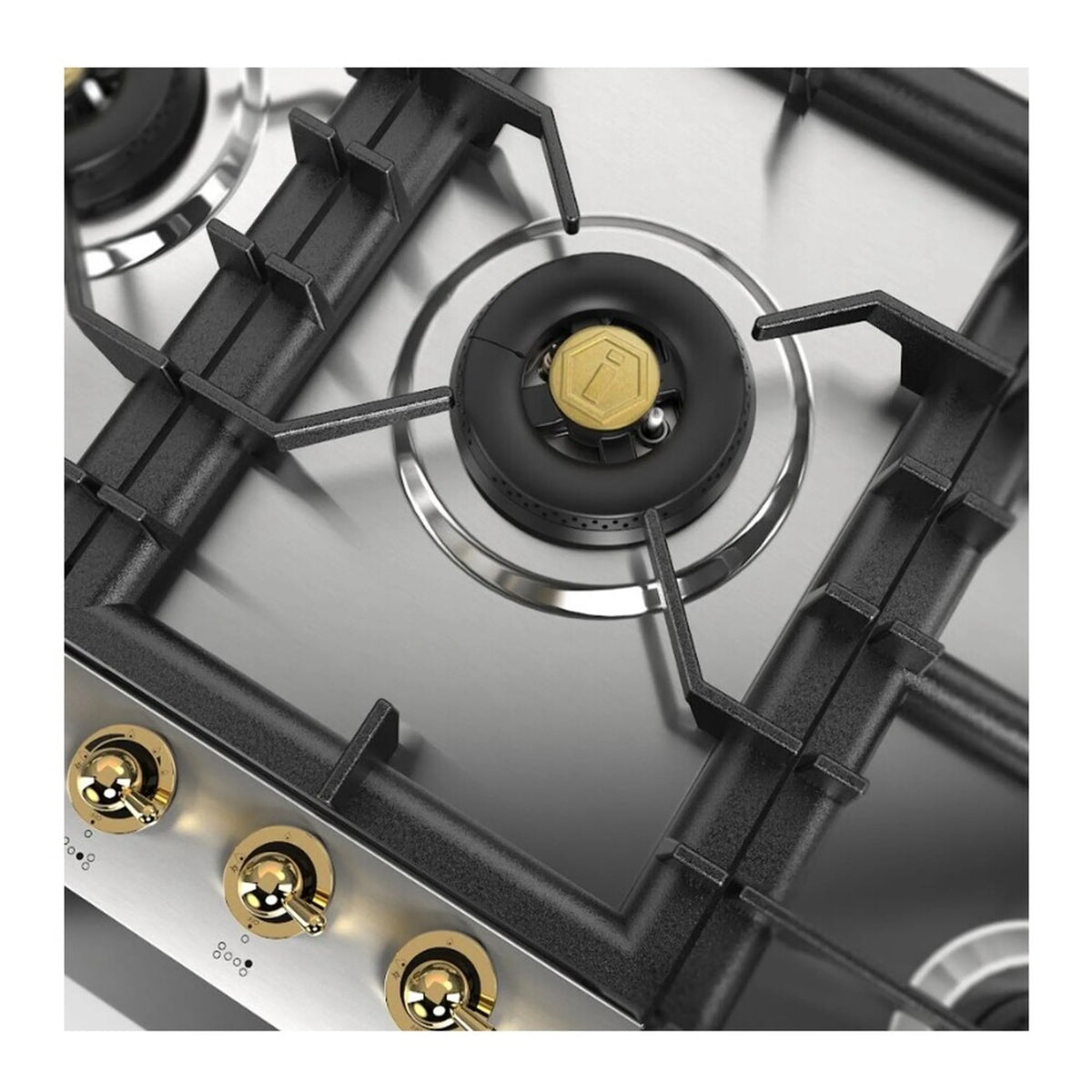 Close-up of gas burner head with black grate supports on a stainless cooktop