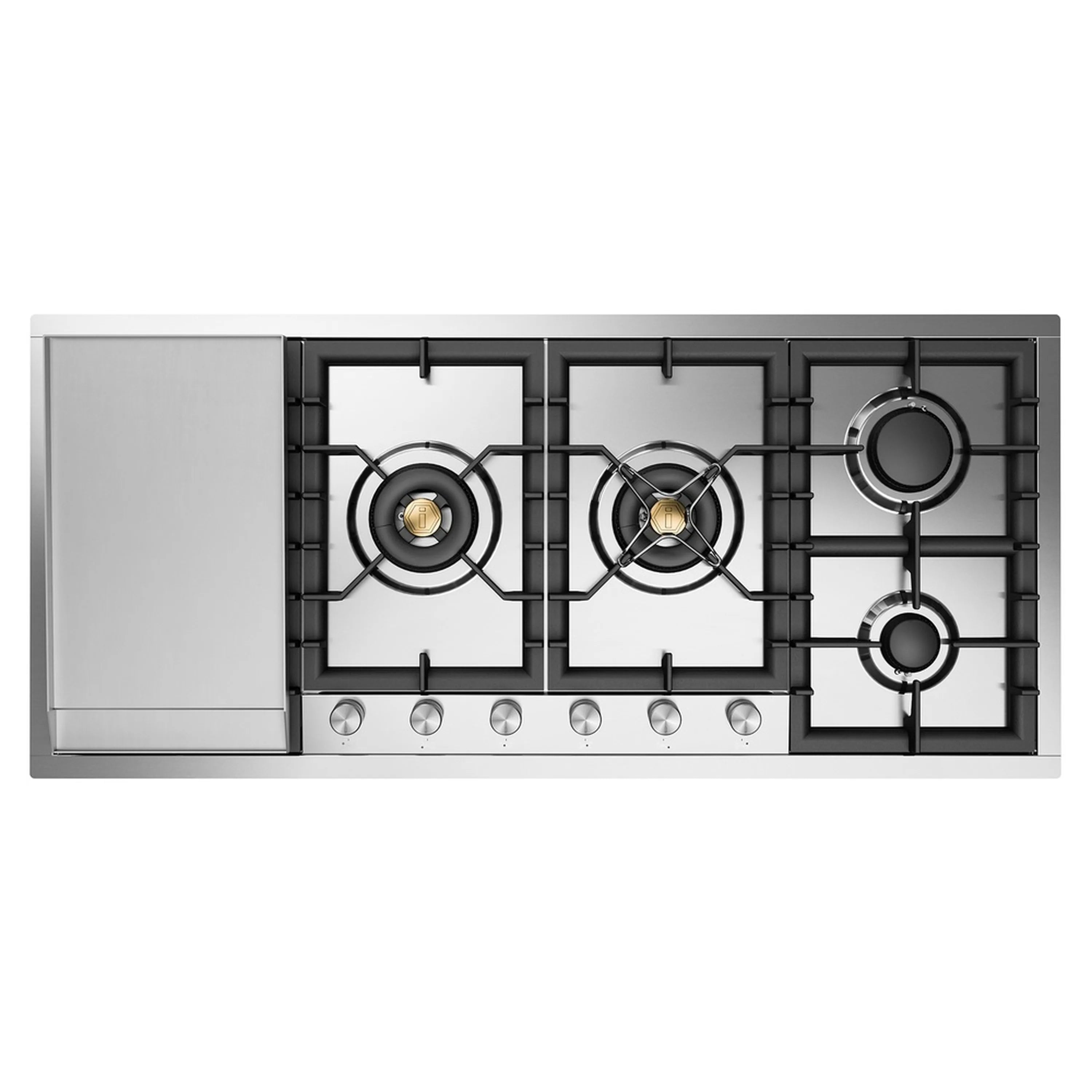 ILVE built-in gas cooktop with four burners, brass caps, black grates, and stainless steel controls
