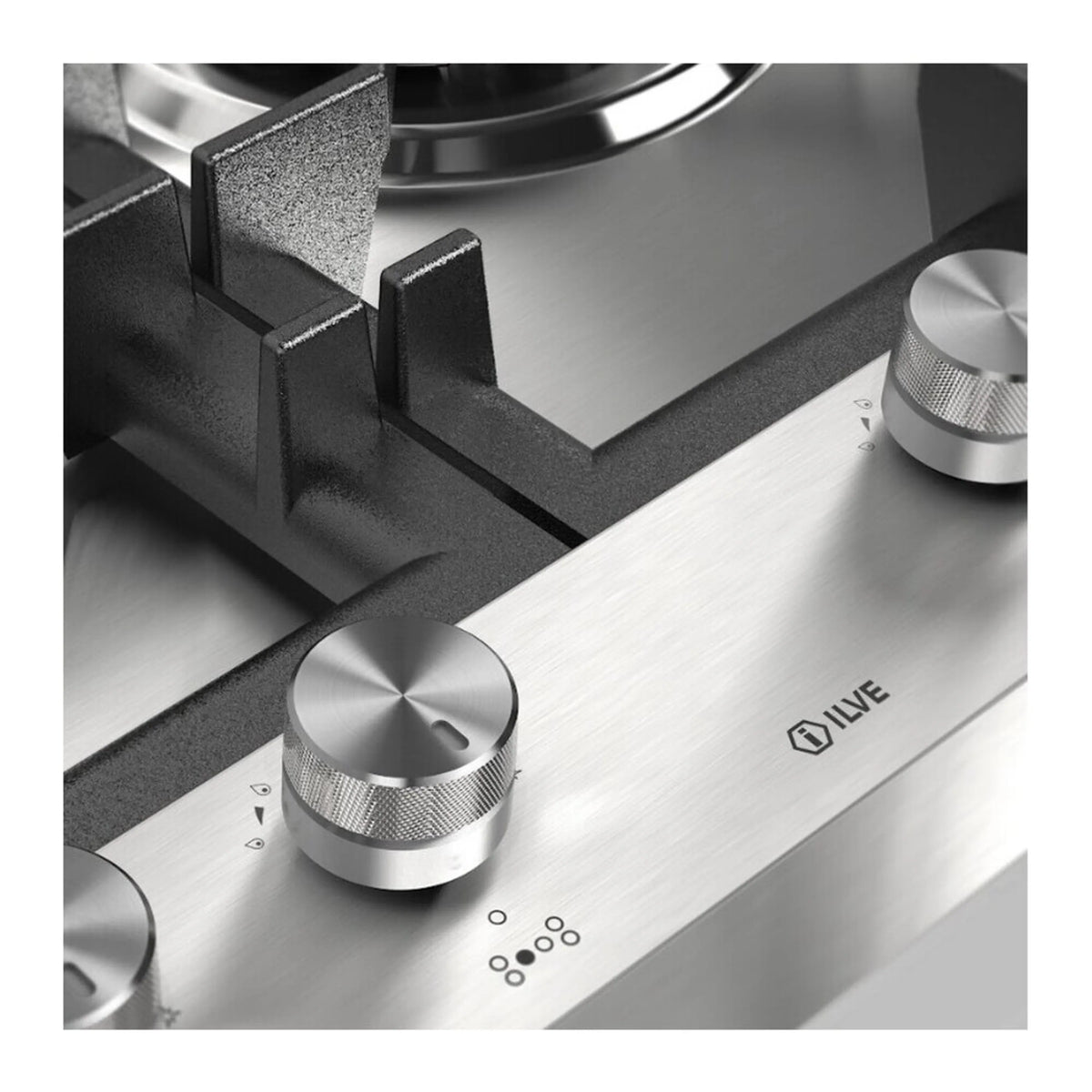 Stainless steel control panel with round knobs for built-in gas cooktop