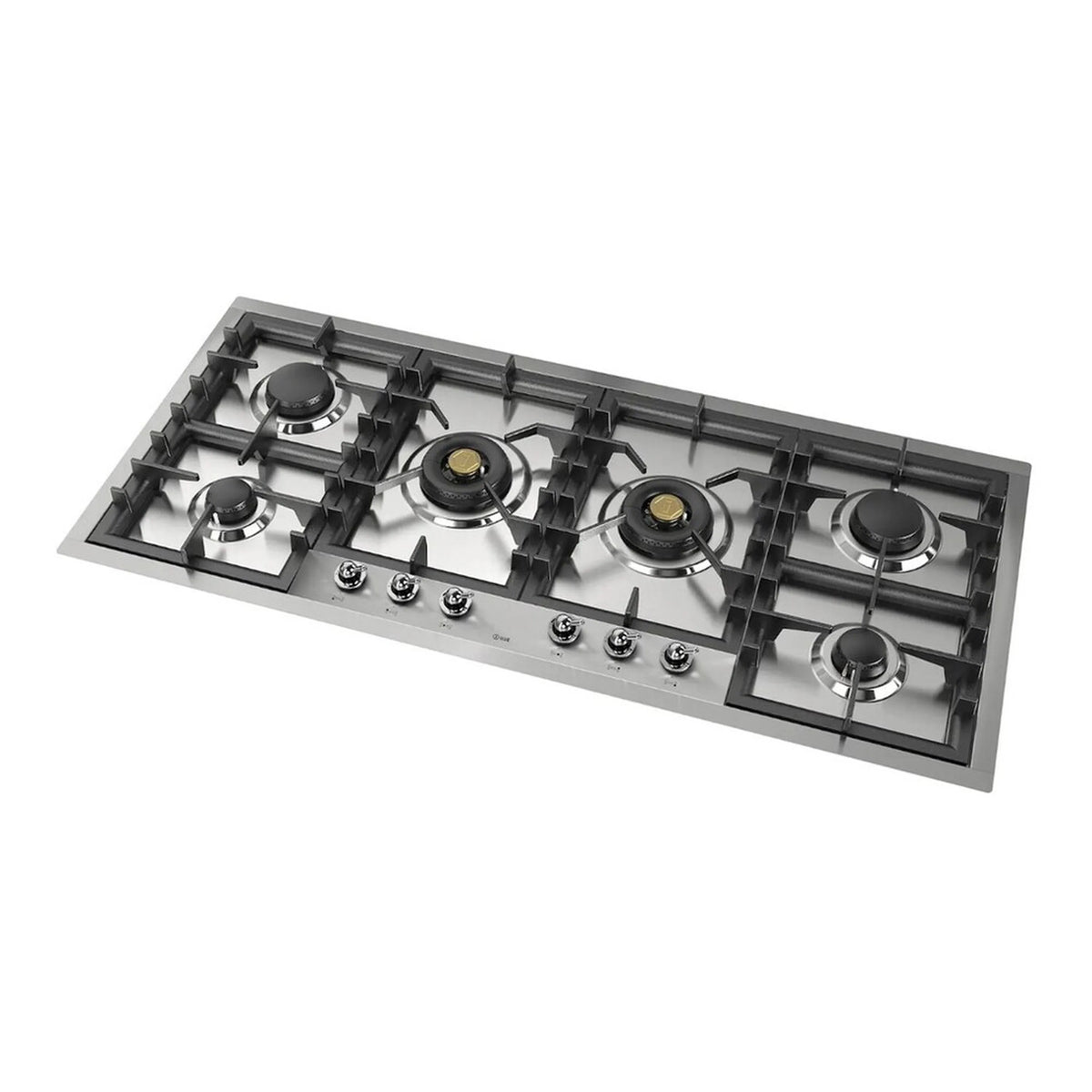 Built-in gas cooktop with six burners and stainless steel control panel