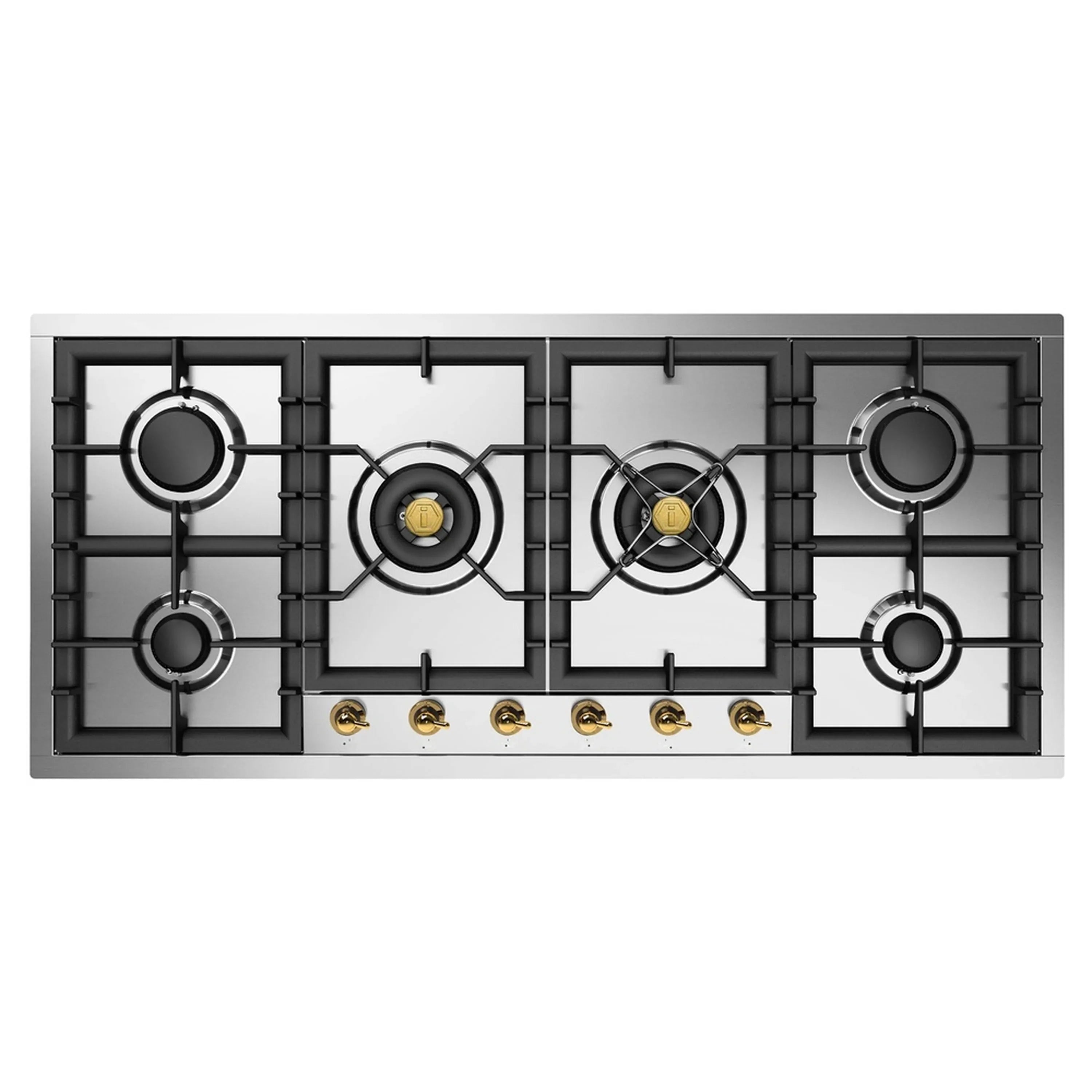 Full view of built-in natural gas cooktop with 6 burners, black grates, and gold knobs
