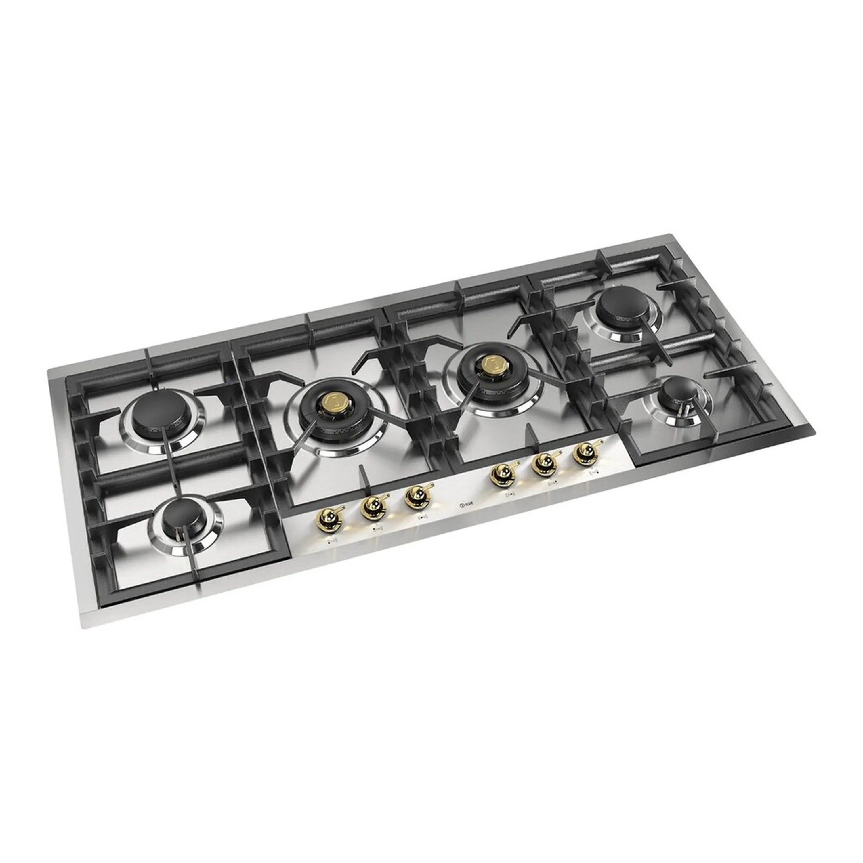 Stainless built-in natural gas cooktop with 6 burners, black grates, and gold control knobs