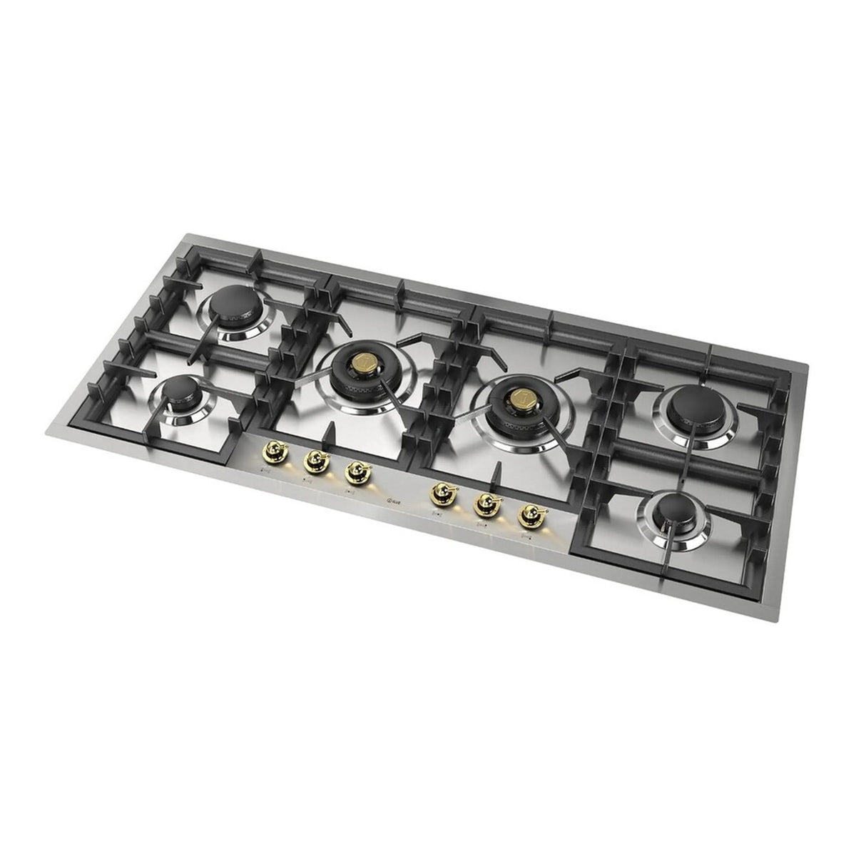 Built-in natural gas cooktop showing black burner grates, stainless base, and control knobs