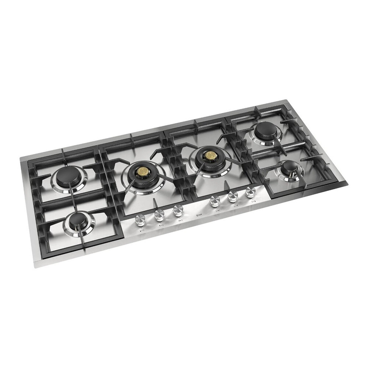 Stainless steel gas cooktop with black burner grates and brass burner caps.