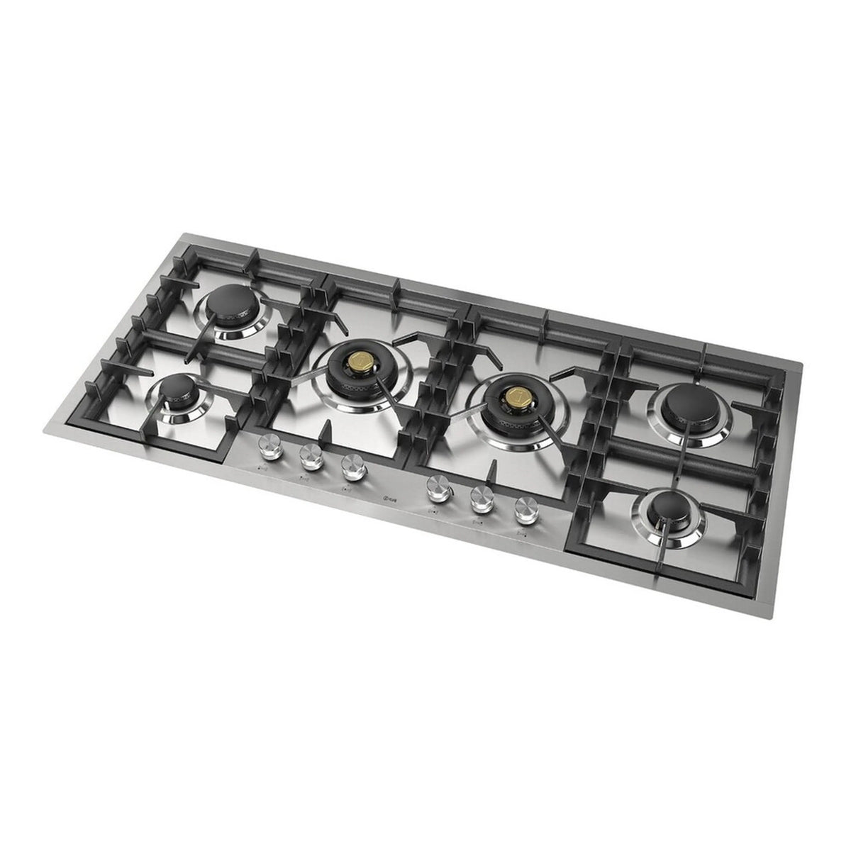 Propane gas cooktop with stainless frame, black grates, and brass burner caps plus knobs.