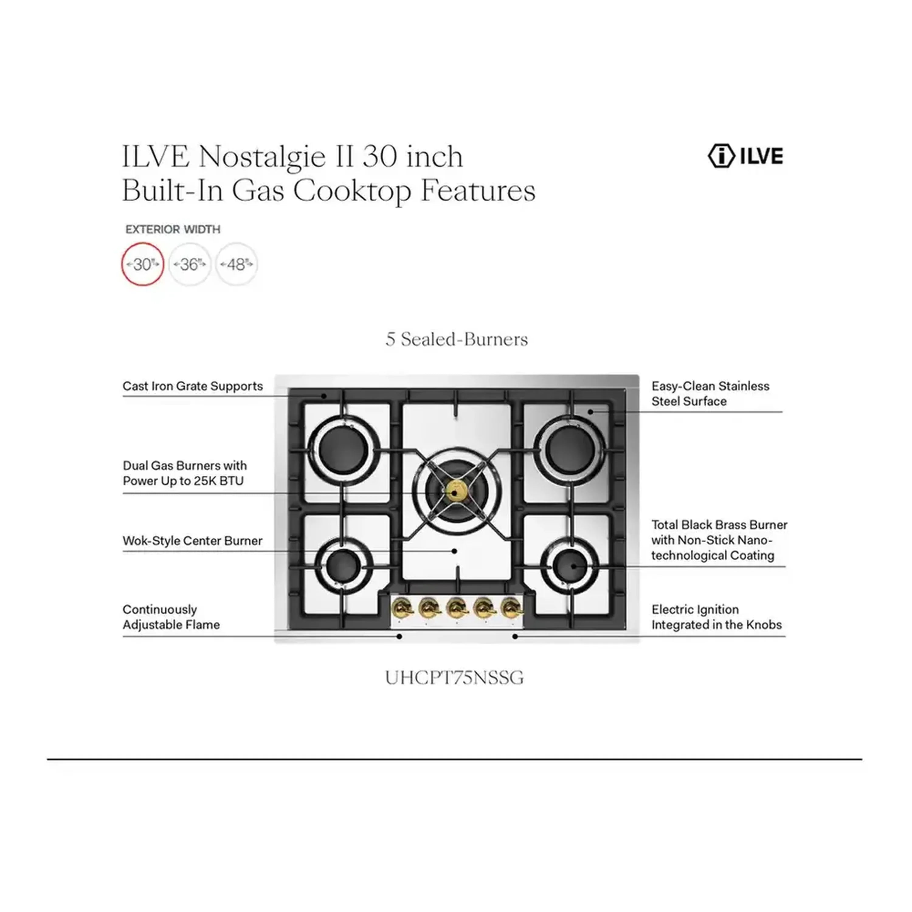 Stainless steel built-in gas cooktop with five sealed burners and cast grates