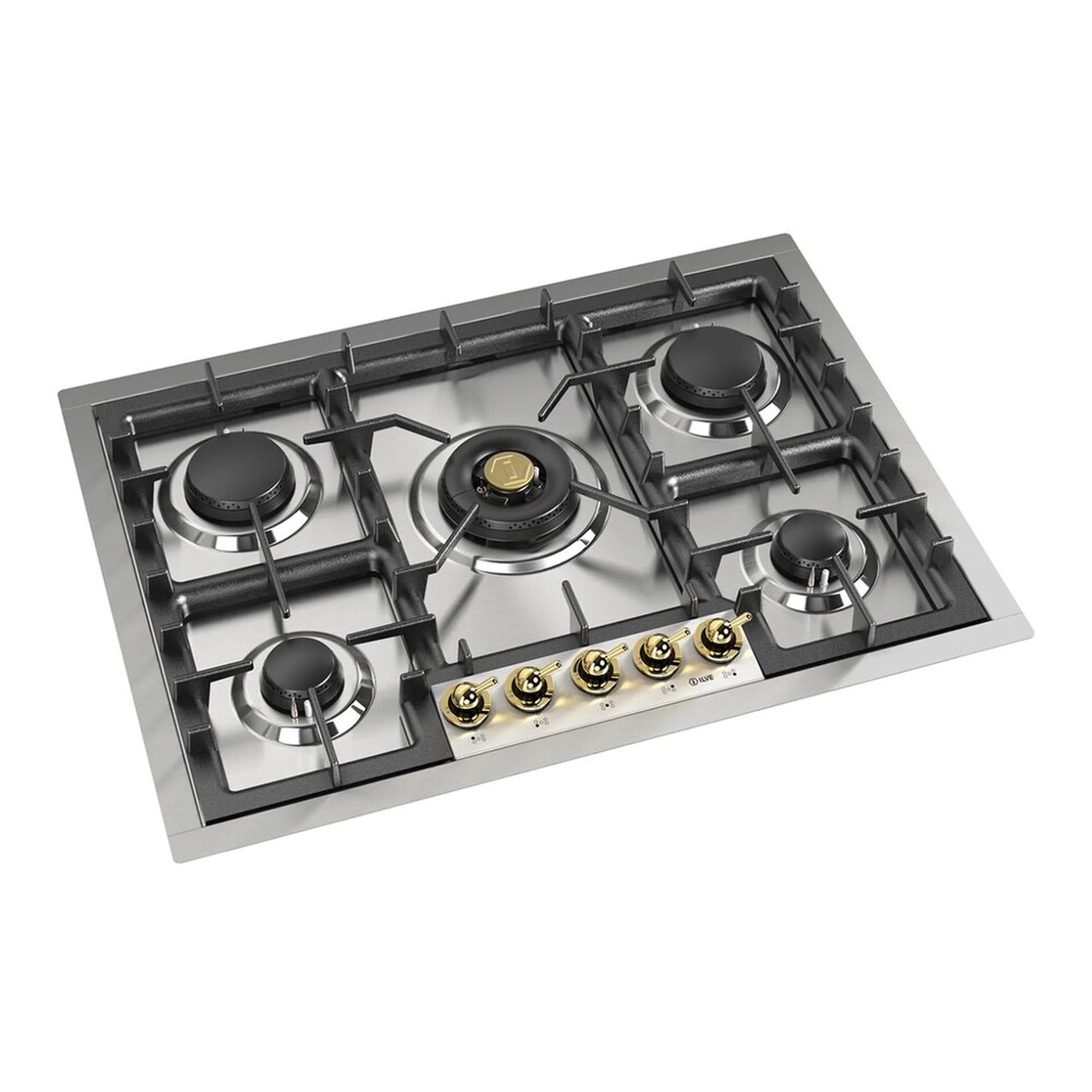 Stainless steel gas cooktop top view with four black burners, grates, and brass knobs