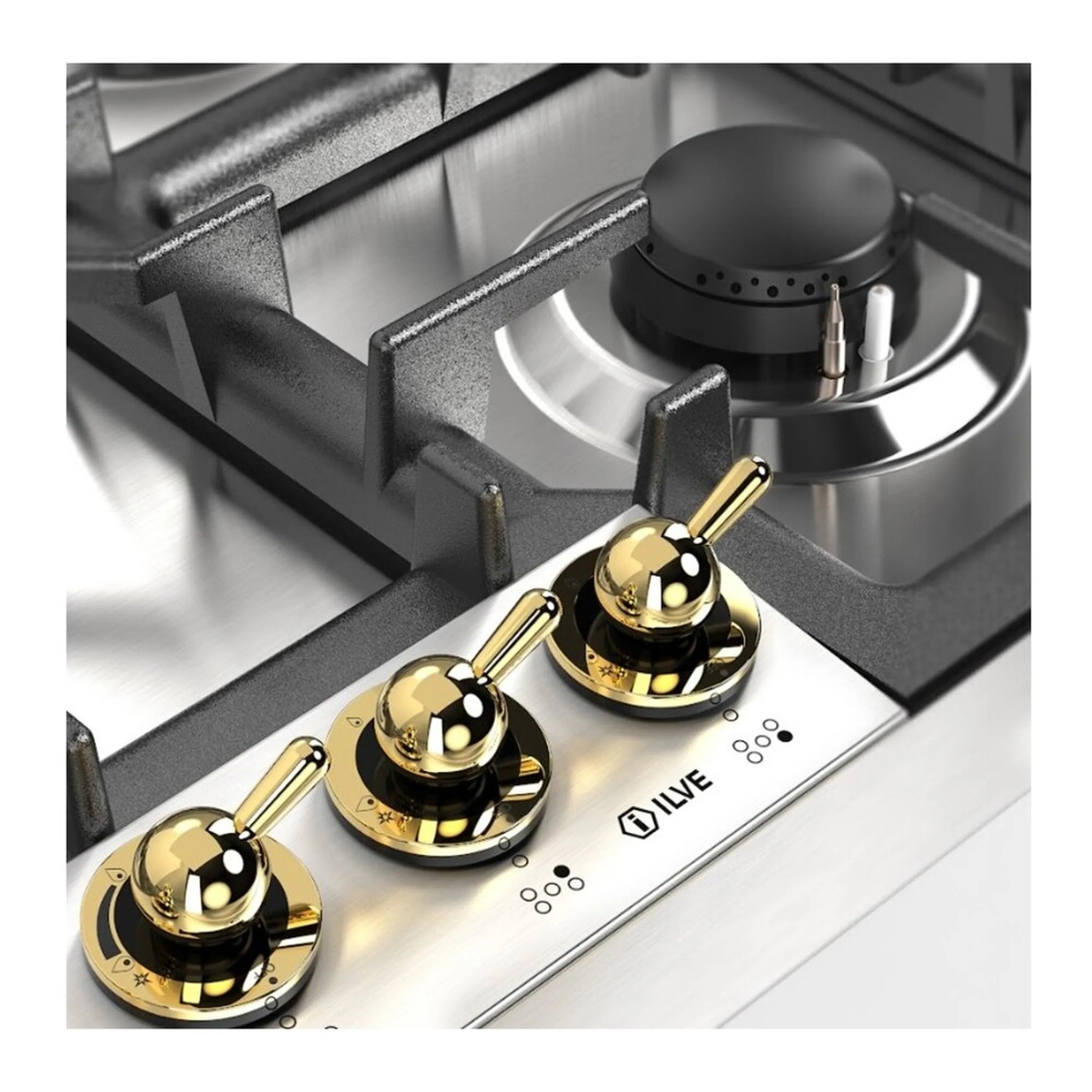 Stainless steel gas cooktop with brass control knobs and black grate support