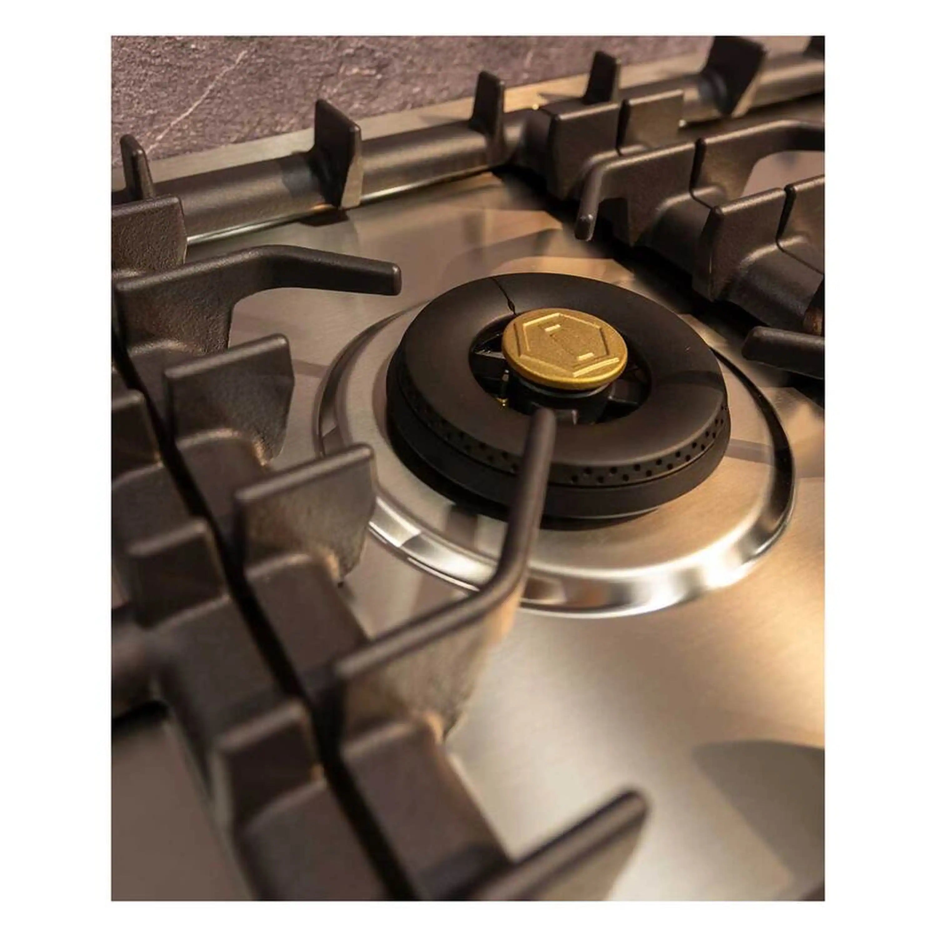Stainless steel gas cooktop with black burner cap and cast-iron grates