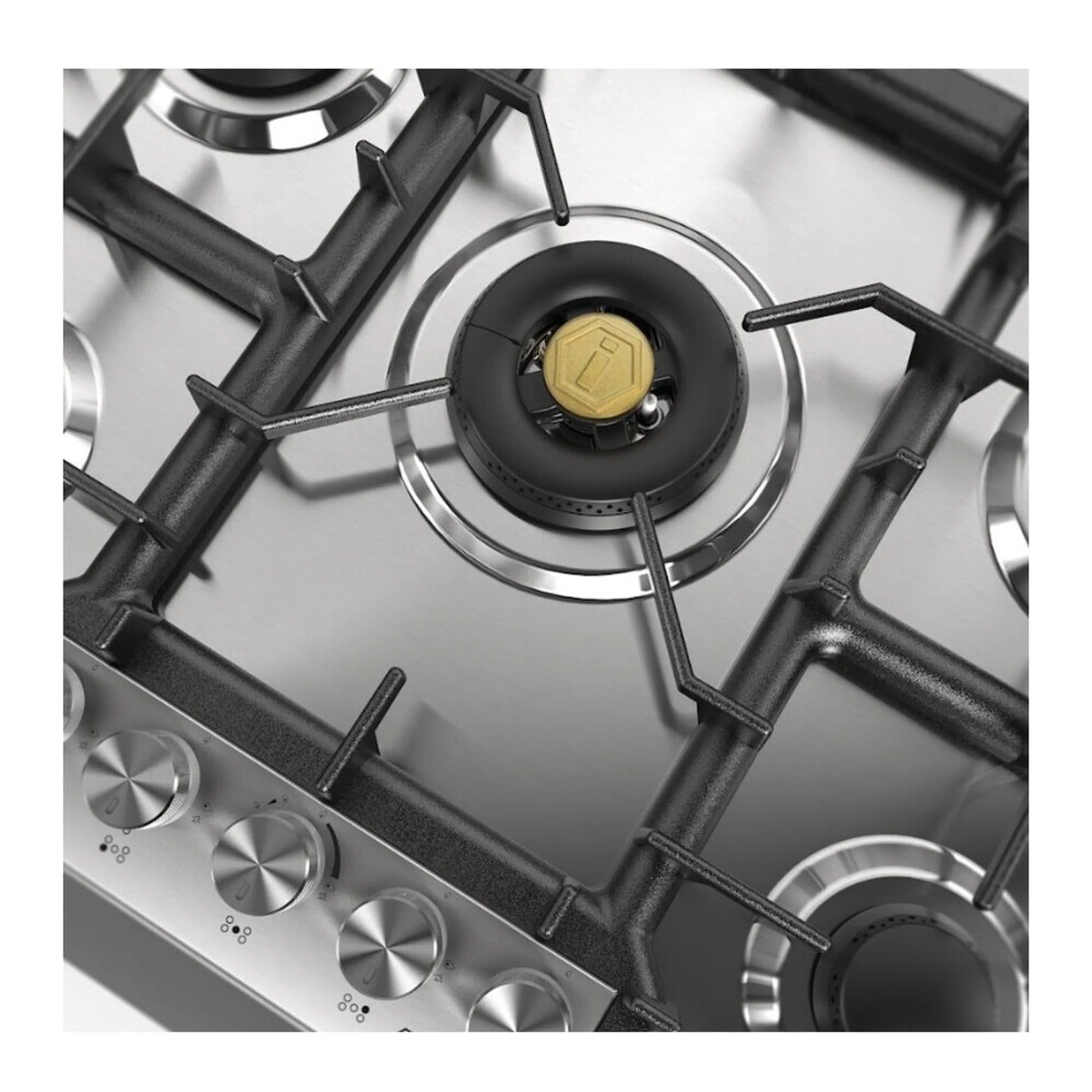 Stainless steel gas burner close-up with black cap and front knob controls
