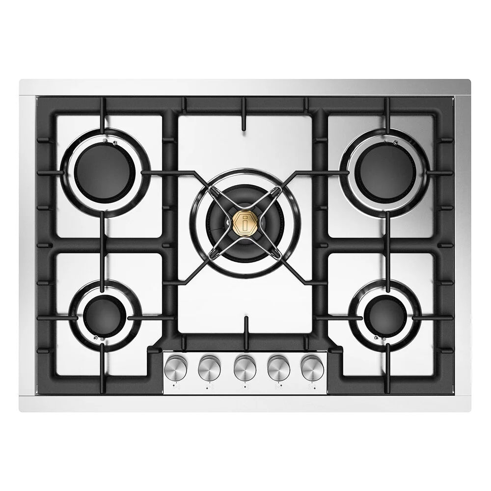 Stainless steel 5-burner built-in gas cooktop with black grates and burner caps
