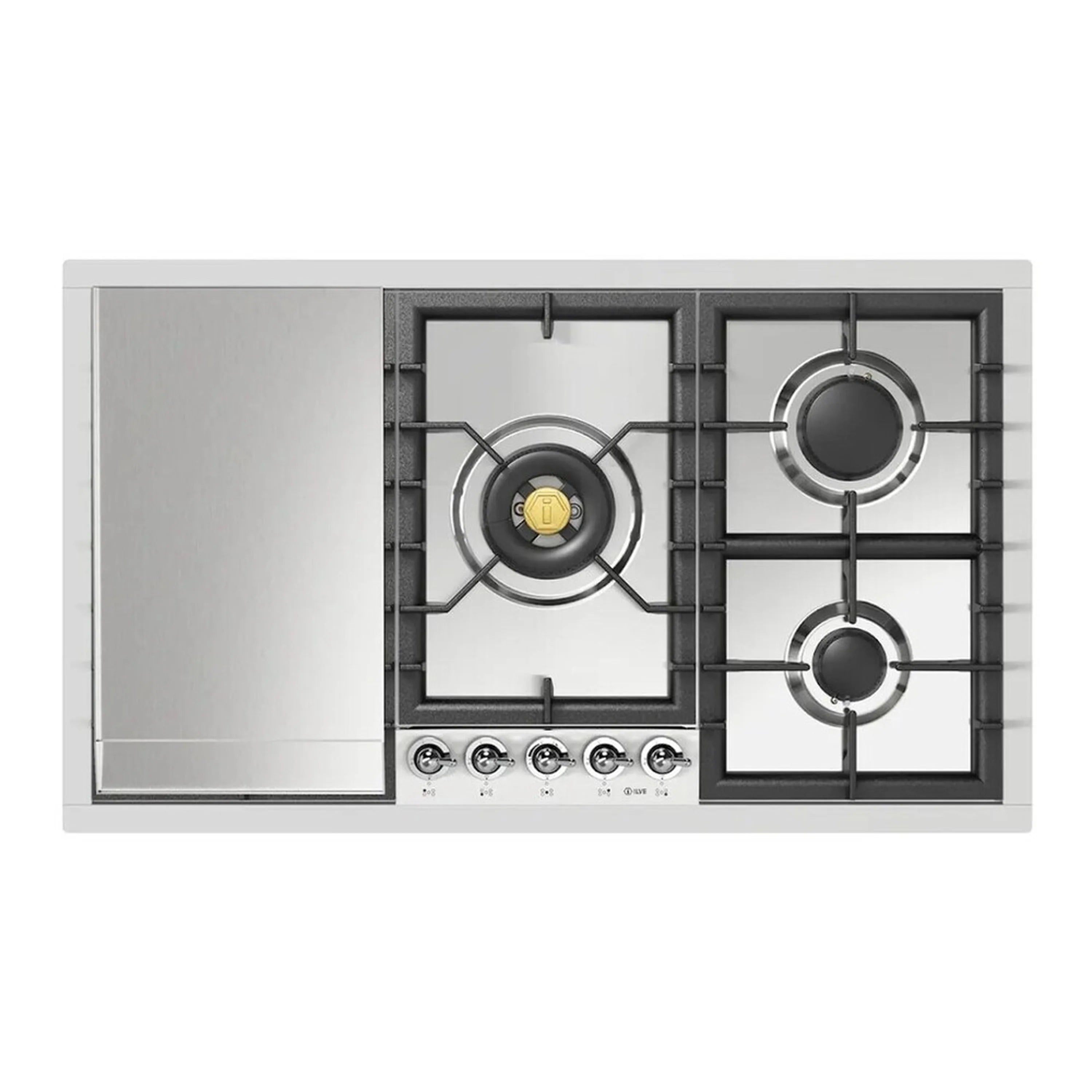 Built-in gas cooktop with black grates and four burner rings, stainless control panel