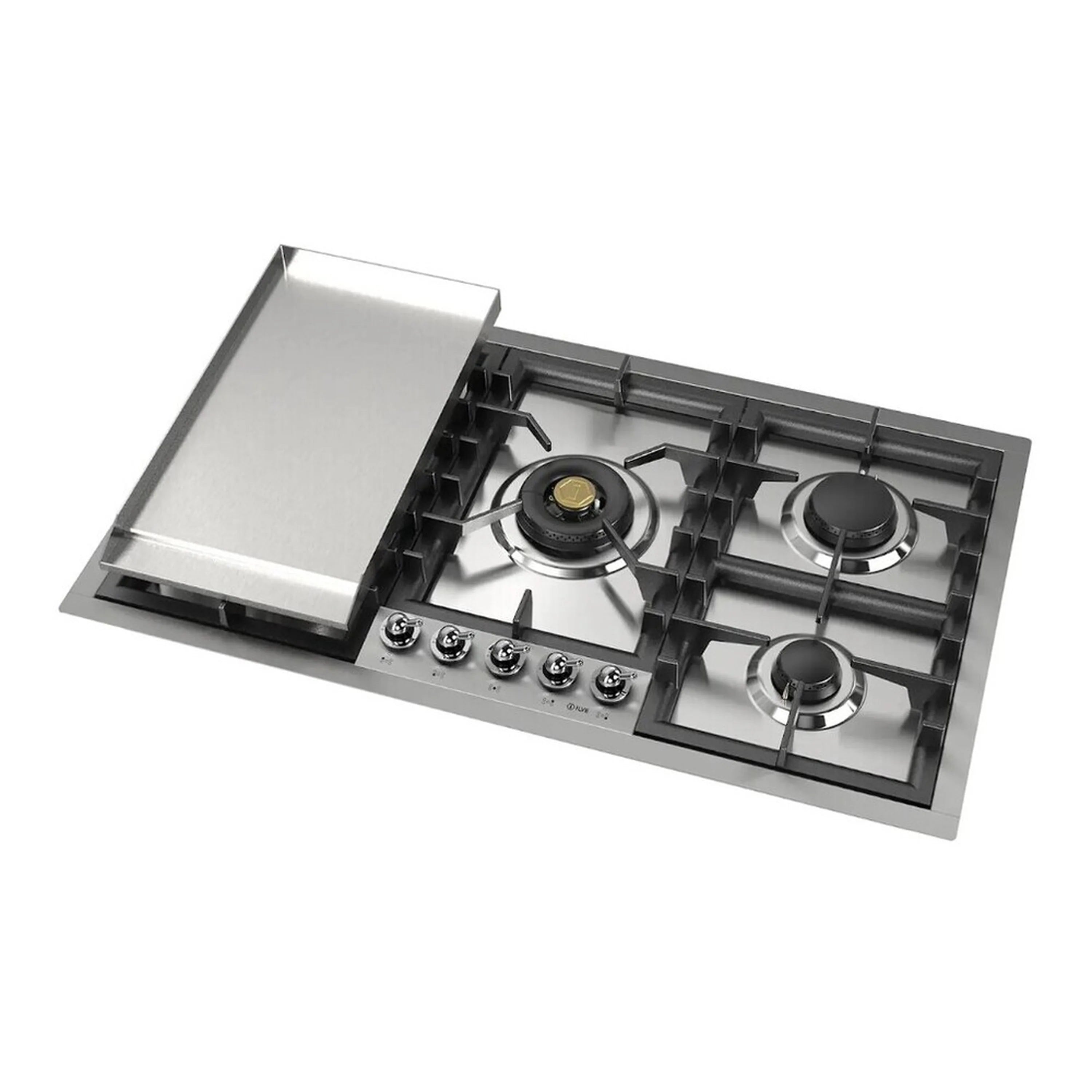 Stainless built-in gas cooktop with black grates and four burners, including removable griddle