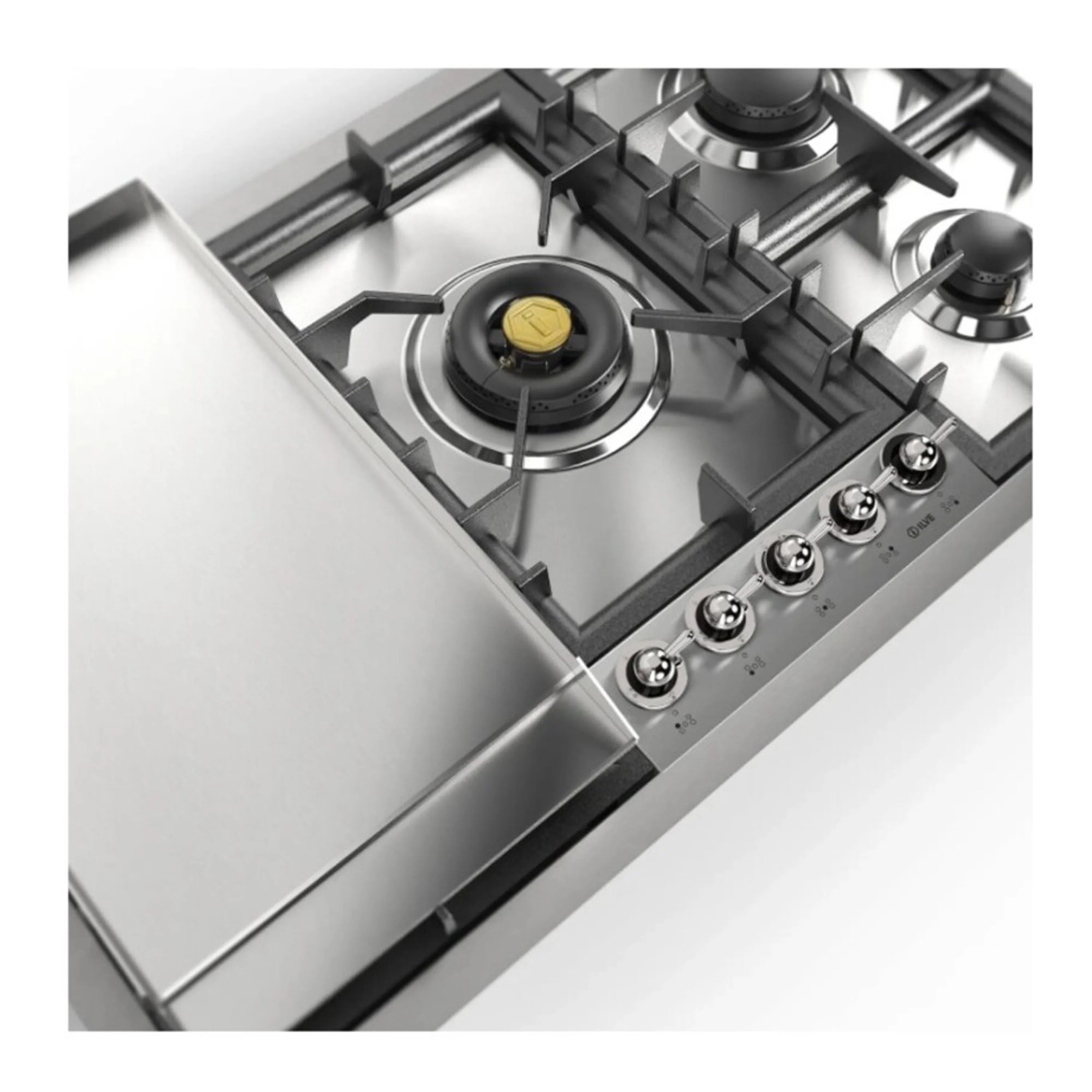 Close-up of stainless gas cooktop burners with black grates and front knob controls