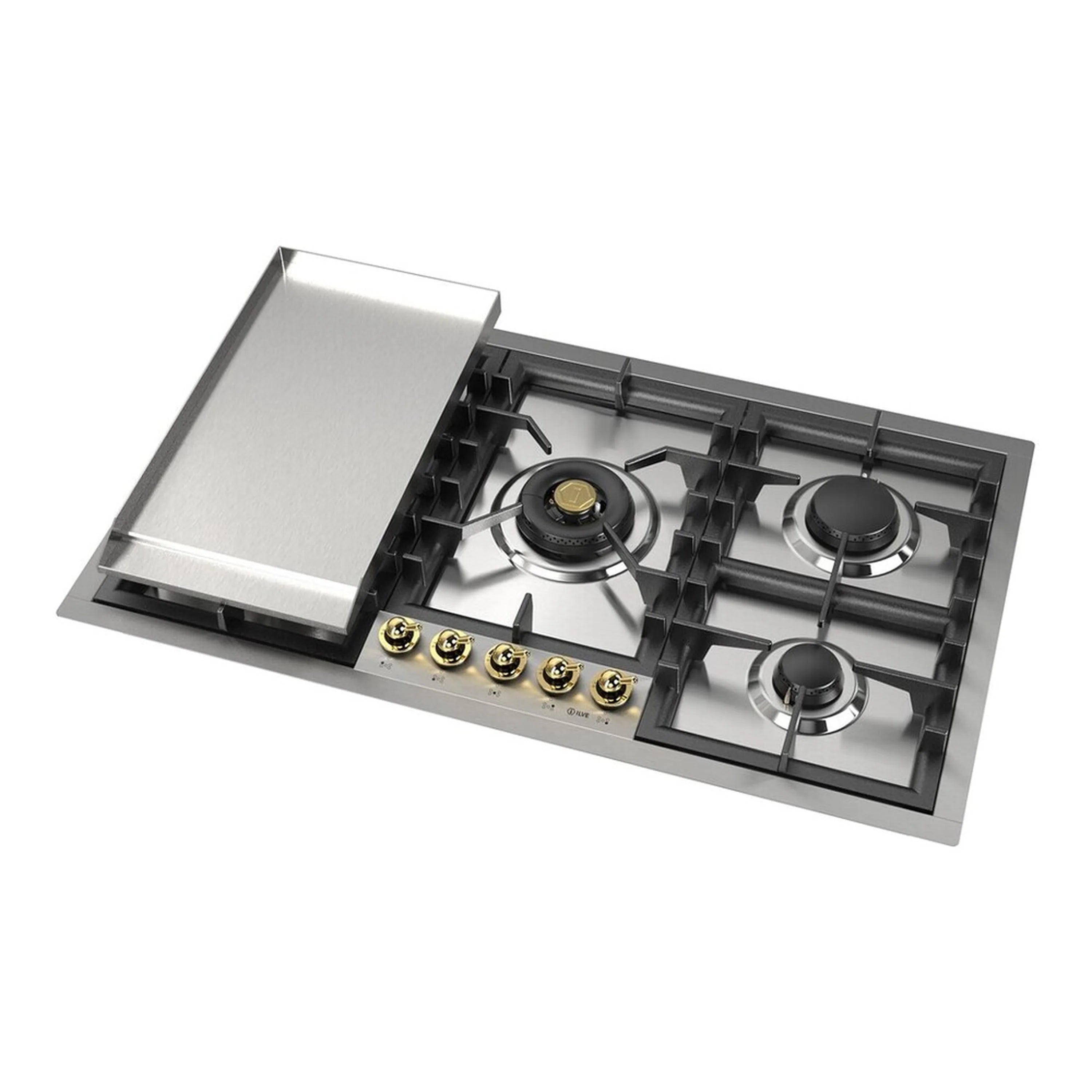 Stainless steel built-in gas cooktop with black grates, brass knobs, and five burners