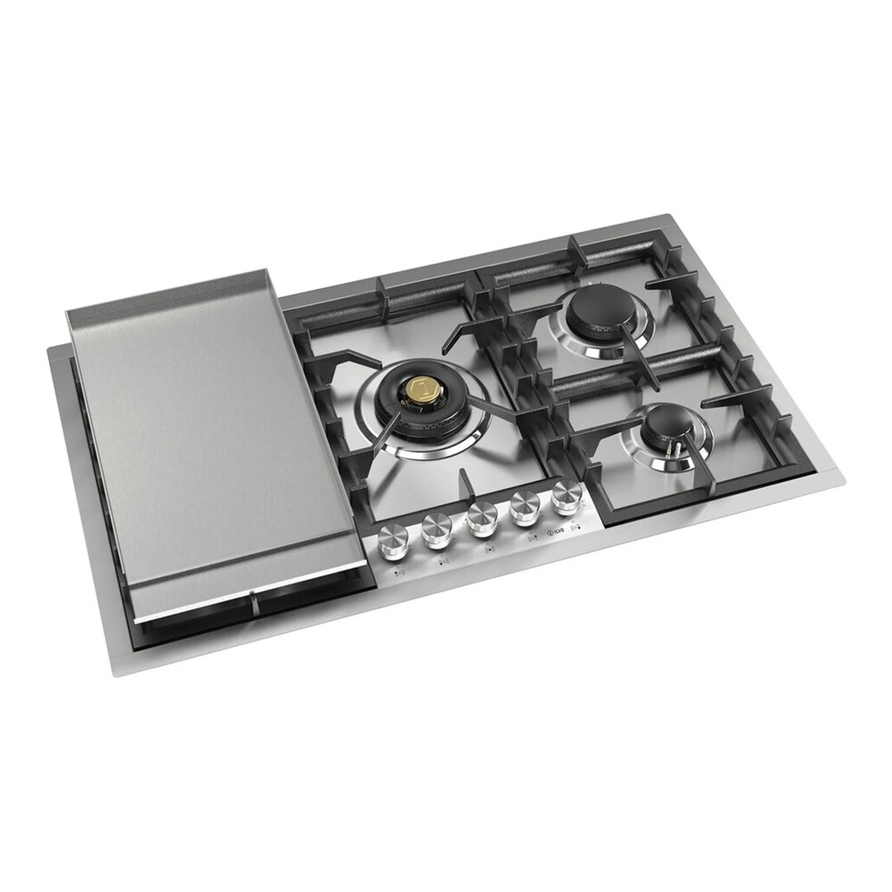 Built-in gas cooktop with hinged griddle panel open, cast-iron grates, and black burner caps