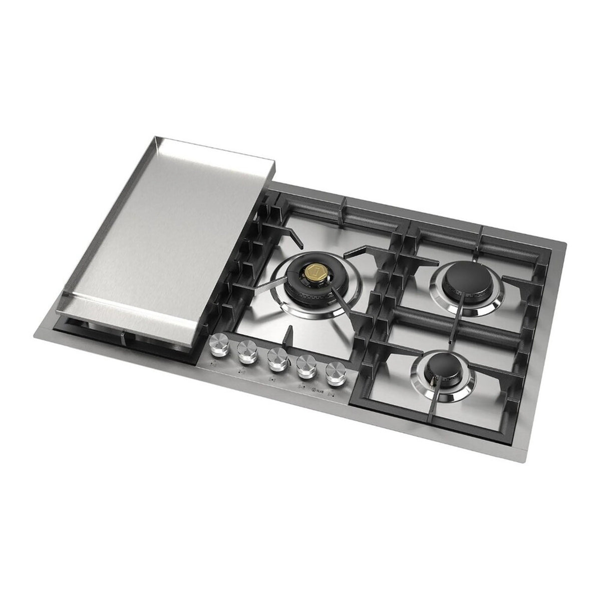 Built-in propane gas cooktop with stainless frame, black grates, and left-side removable griddle