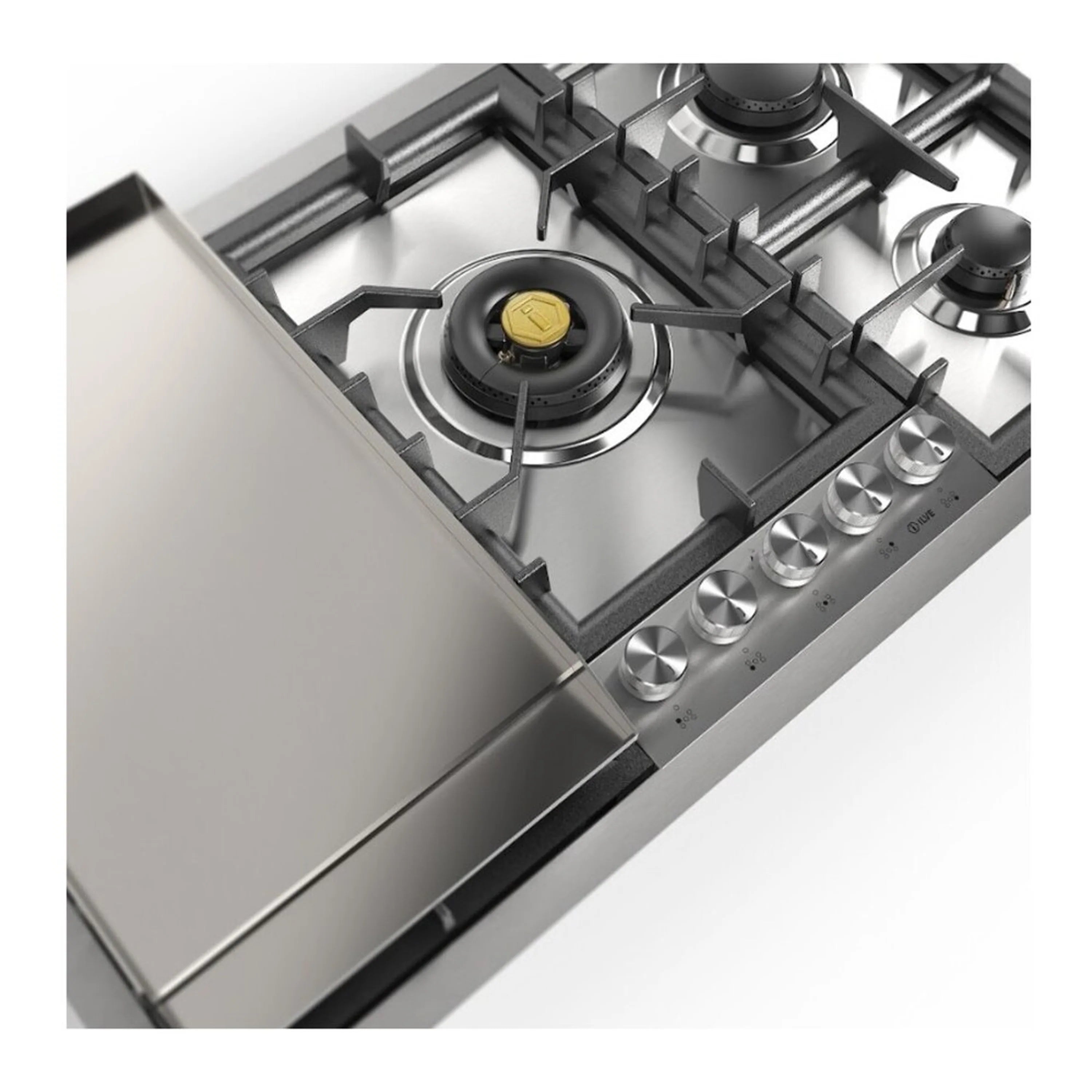 Close-up of stainless built-in propane cooktop with black burners and front control knobs