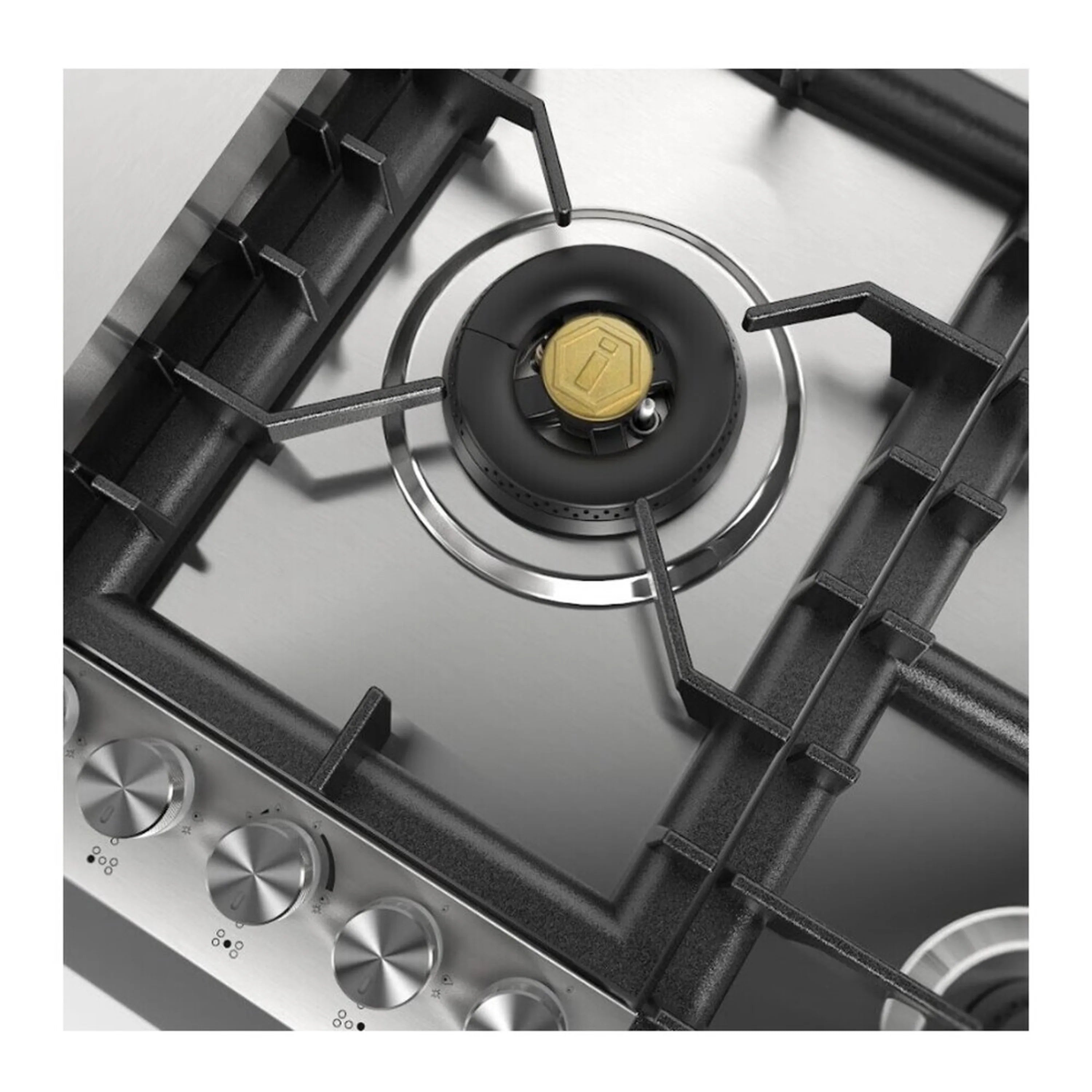Close-up of a front burner on stainless built-in propane cooktop with black cast-iron grate