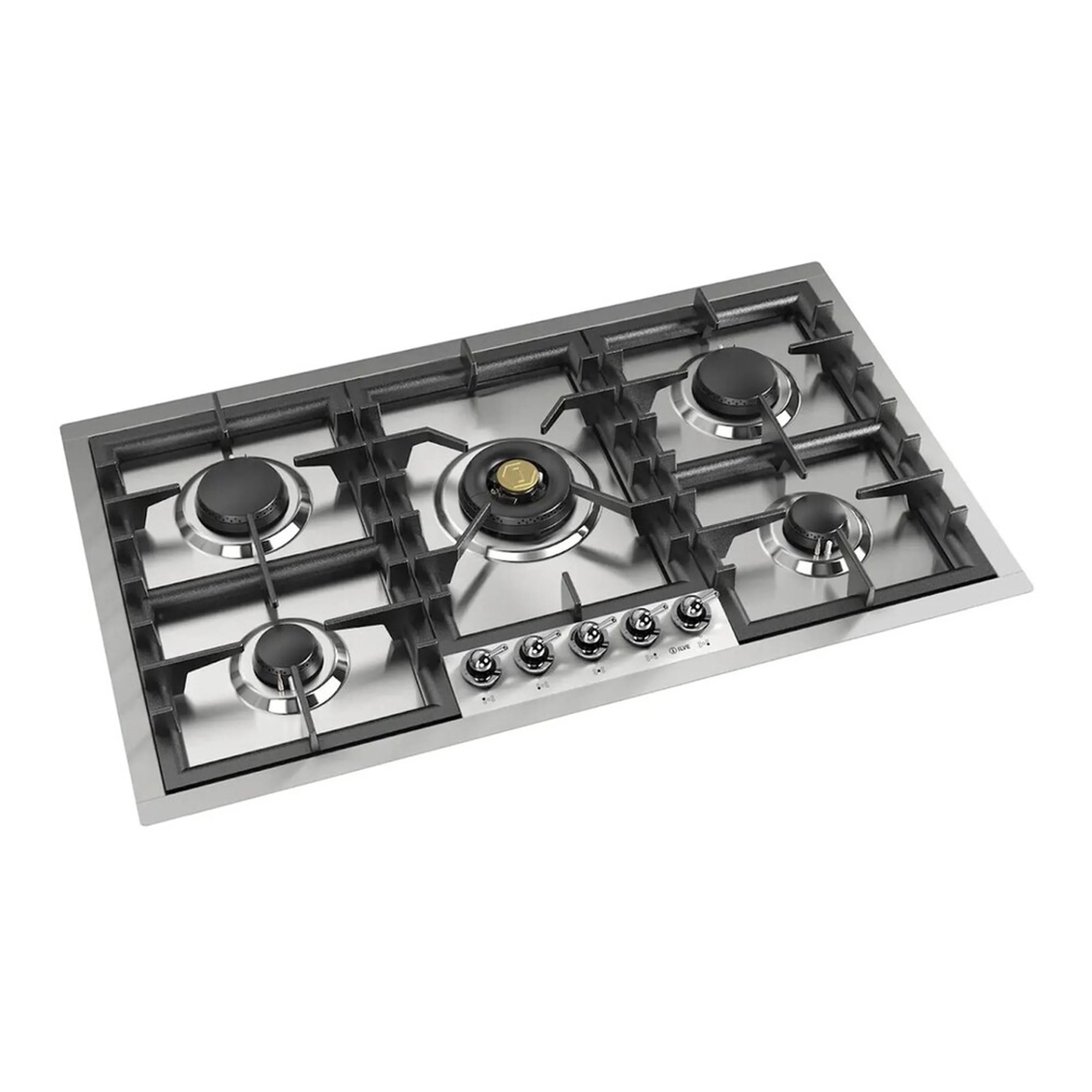 Stainless gas cooktop with cast grates, five burners, and metal control knobs