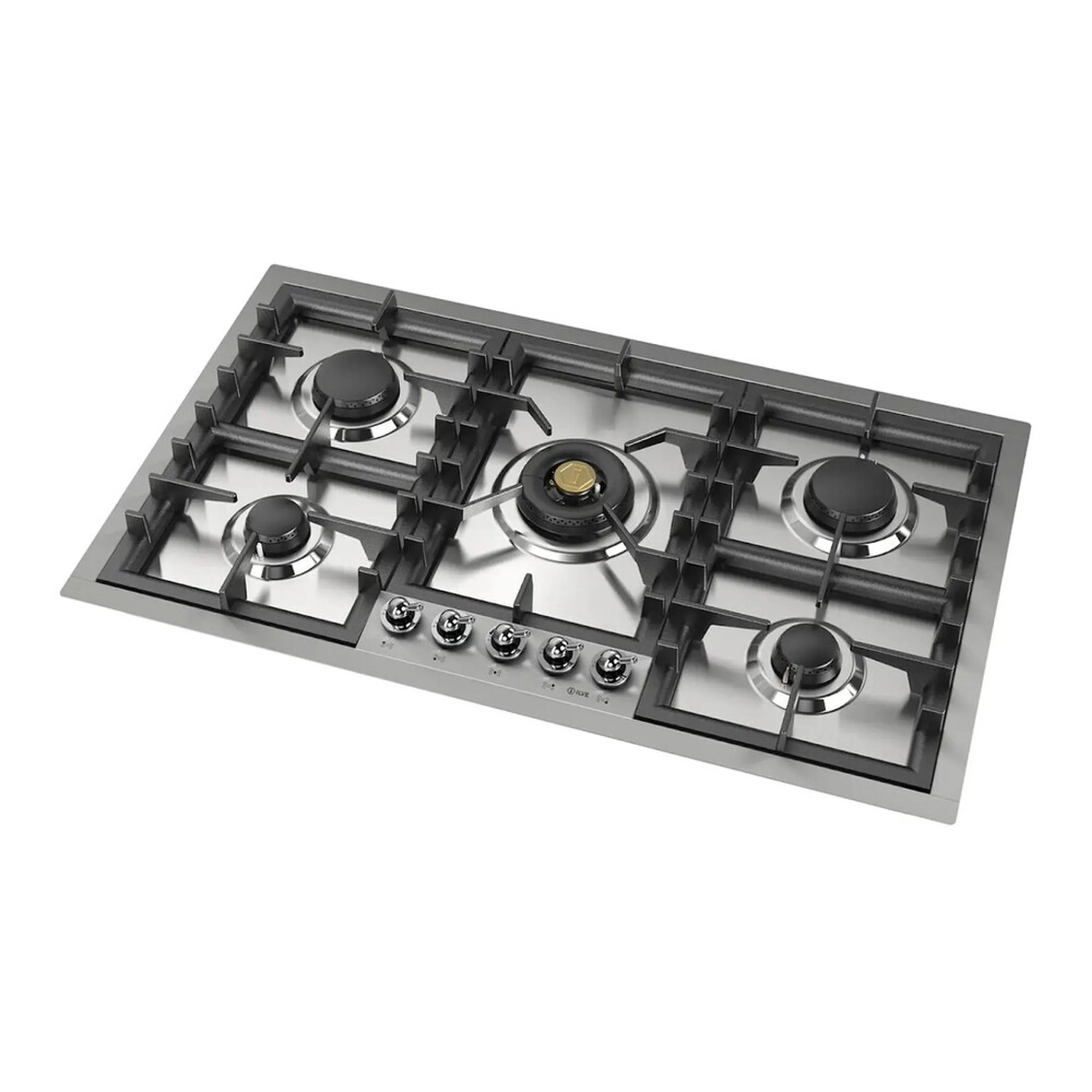 Stainless steel built-in gas cooktop with five black burners and cast-iron grates