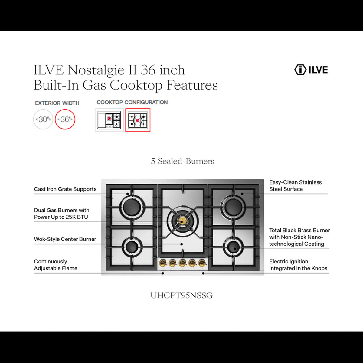 Built-in propane gas cooktop with stainless base, black grates, brass burners and knobs