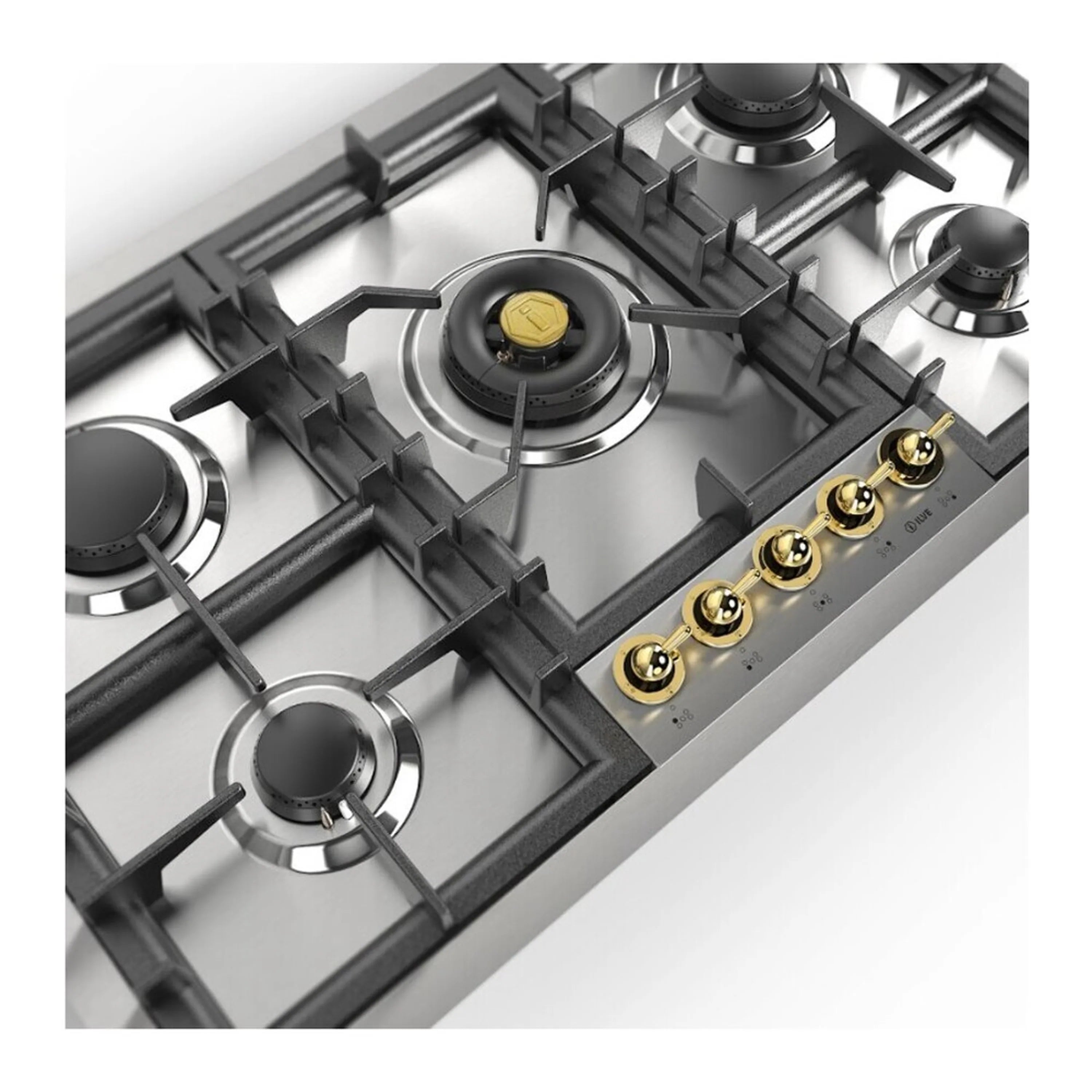 Built-in propane gas cooktop close-up of black grates, central burner, and brass knob row