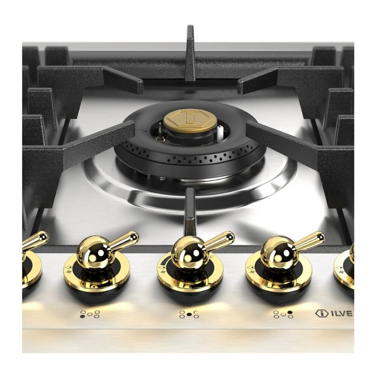 Built-in propane gas cooktop close-up of central burner, black cap, and brass control knobs