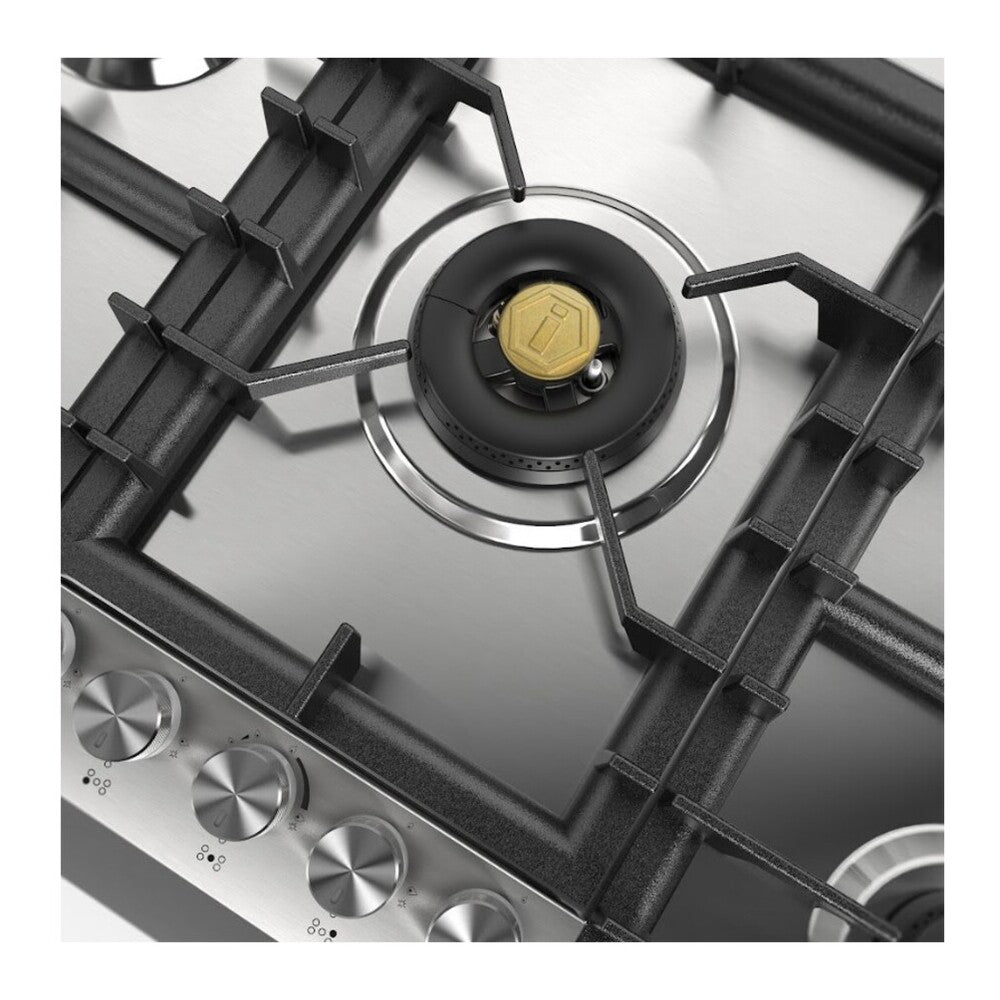 Central burner on stainless steel gas cooktop with black cast-iron grate