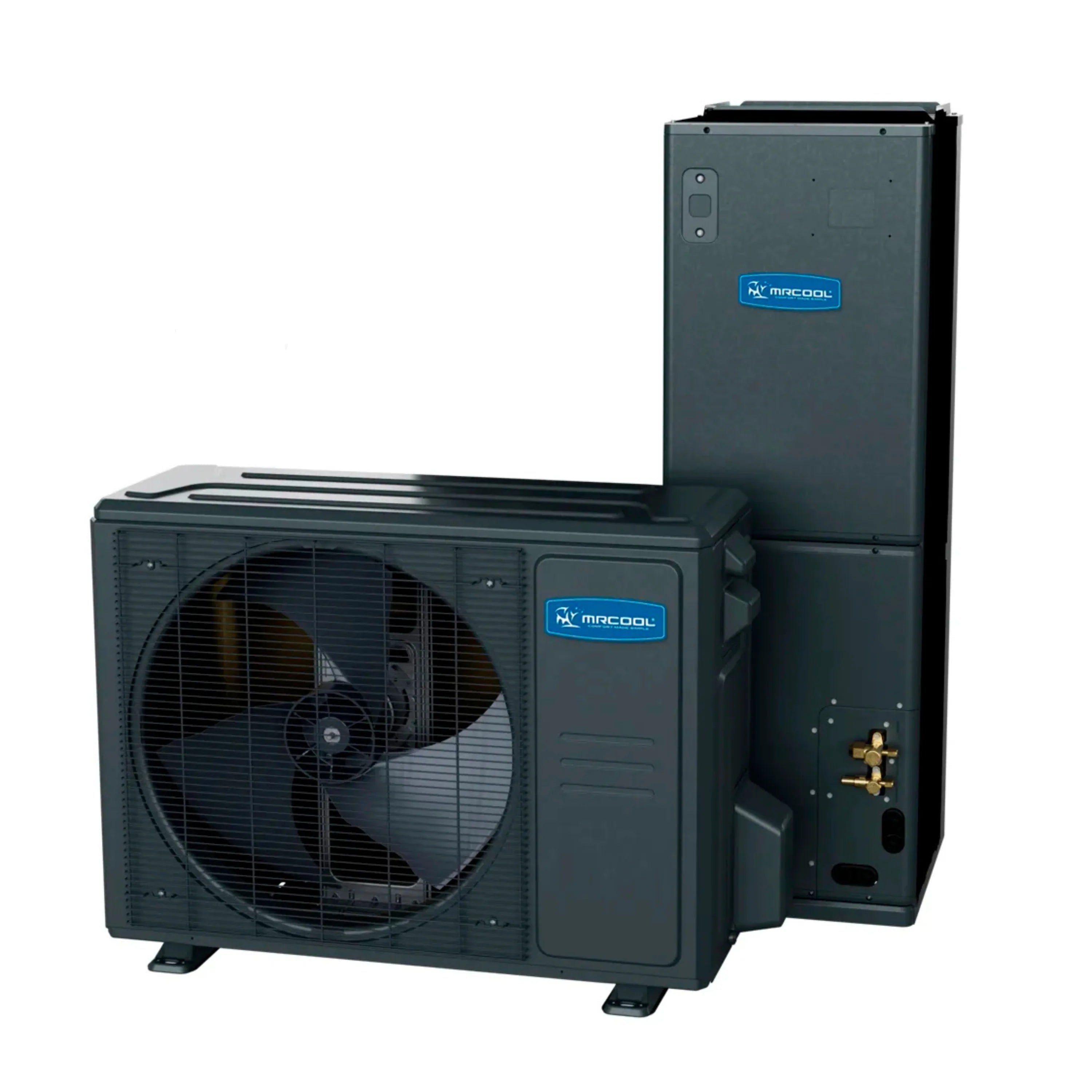 MRCOOL heat pump condenser with open access door, fan grille and brass fittings