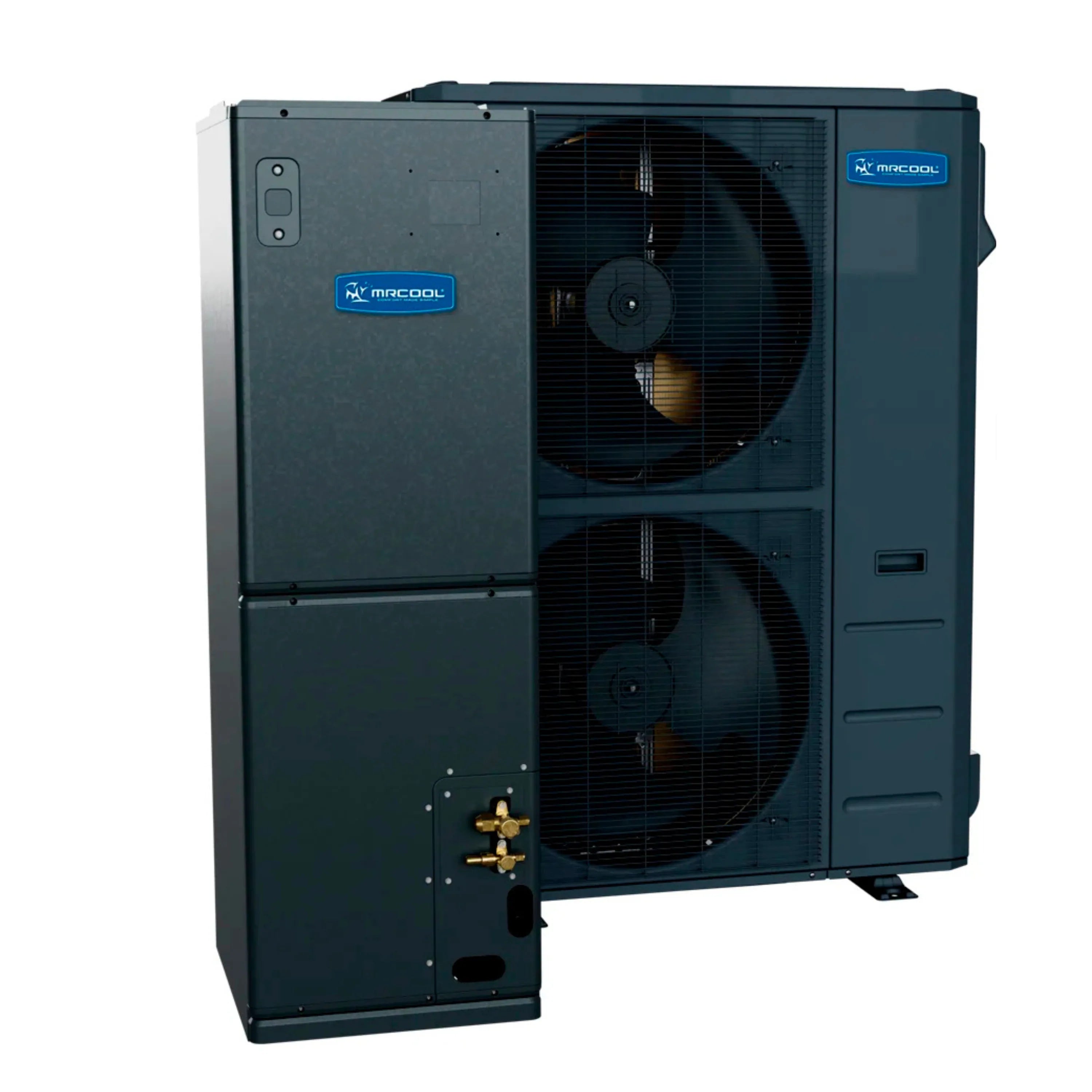 MRCOOL heat pump condenser unit with two front fans and gold refrigerant fitting panel