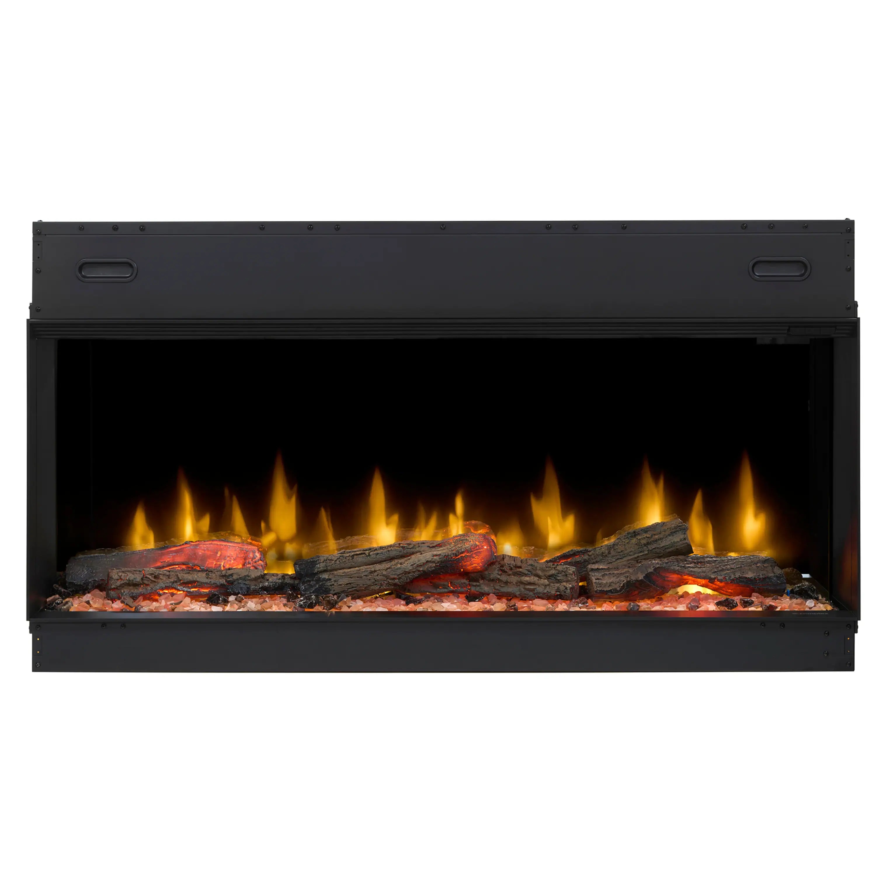 Black built-in linear electric fireplace with flame window and log bed