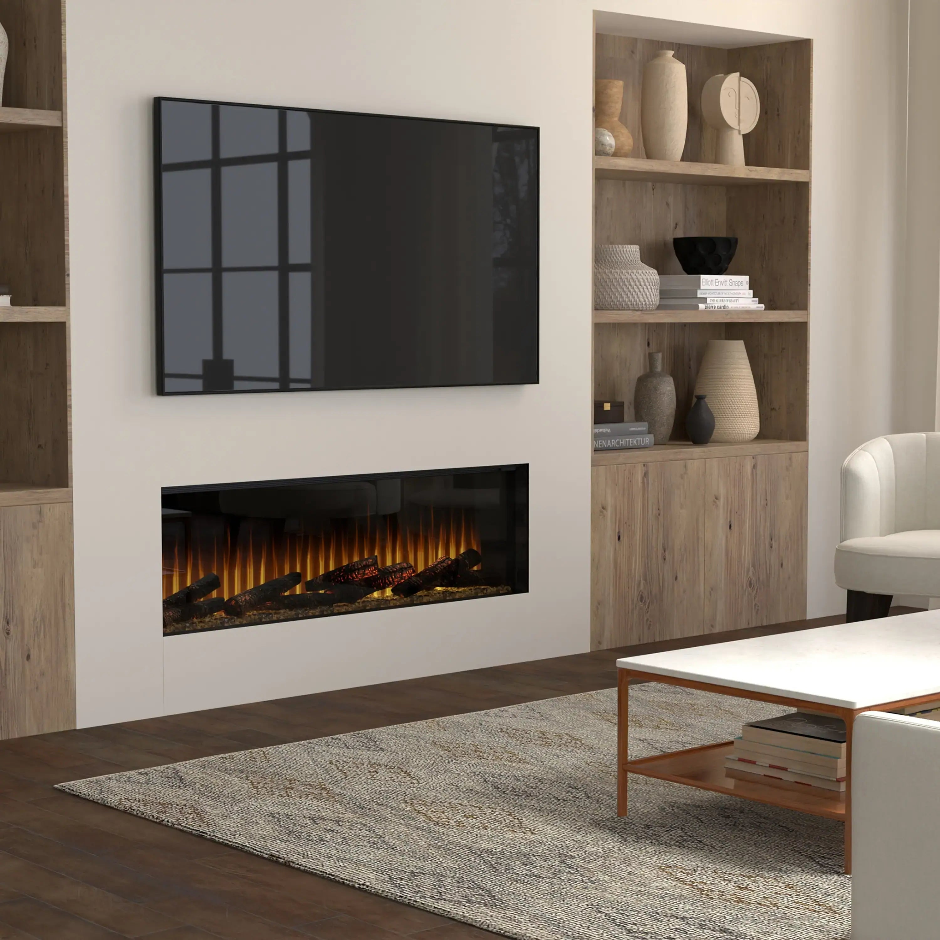 Built-in linear electric fireplace with illuminated fire bed in a modern living room