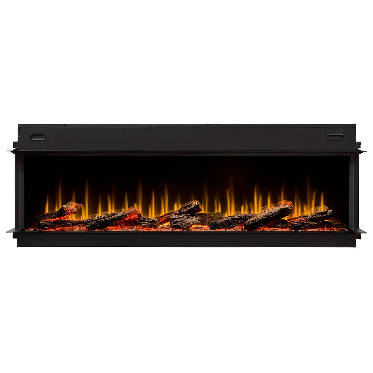 Built-in linear electric fireplace with black front and glowing log flames