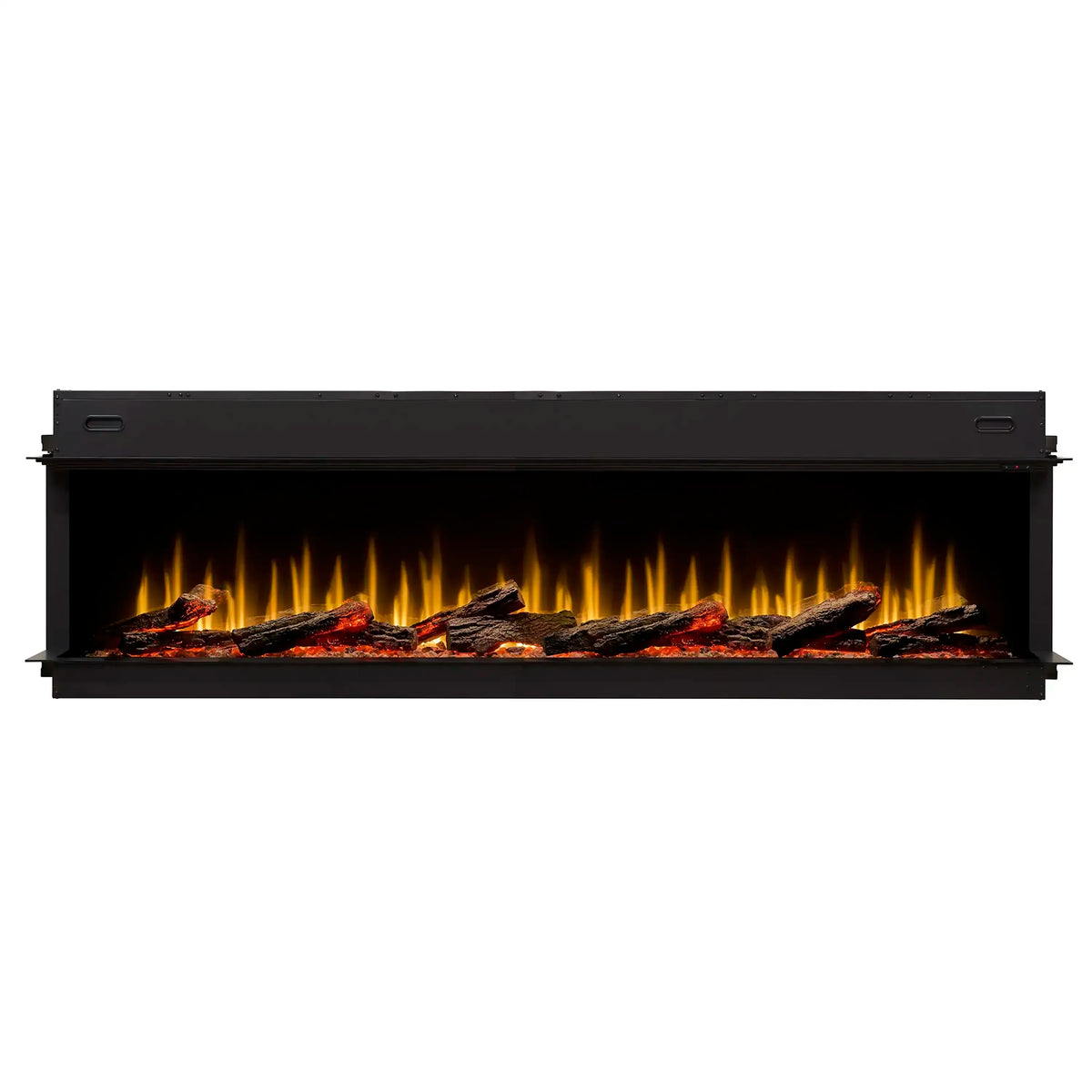 Built-in linear electric fireplace with black frame and glowing log flame bed