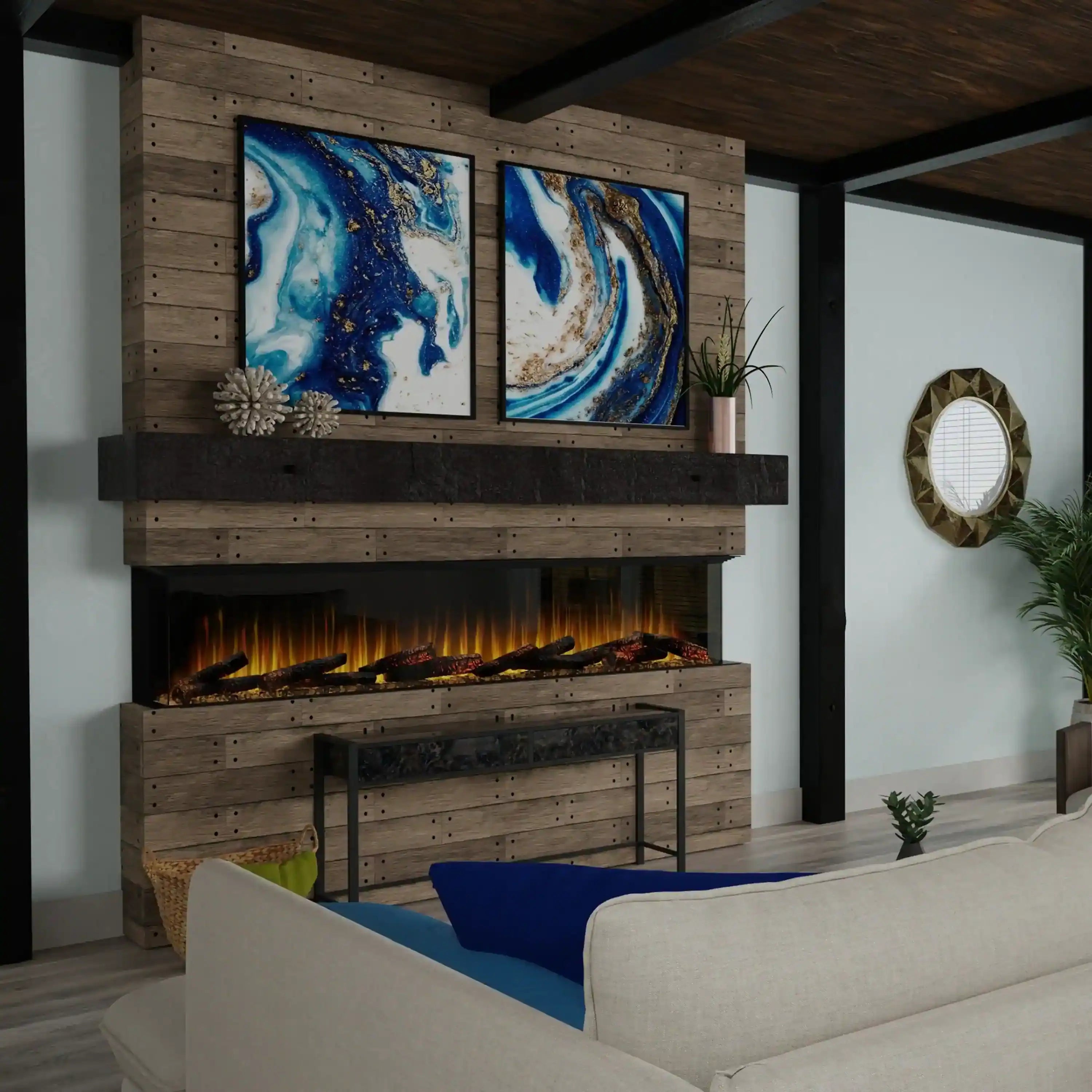 Built-in linear electric fireplace with rustic wood mantel and steady flame glow