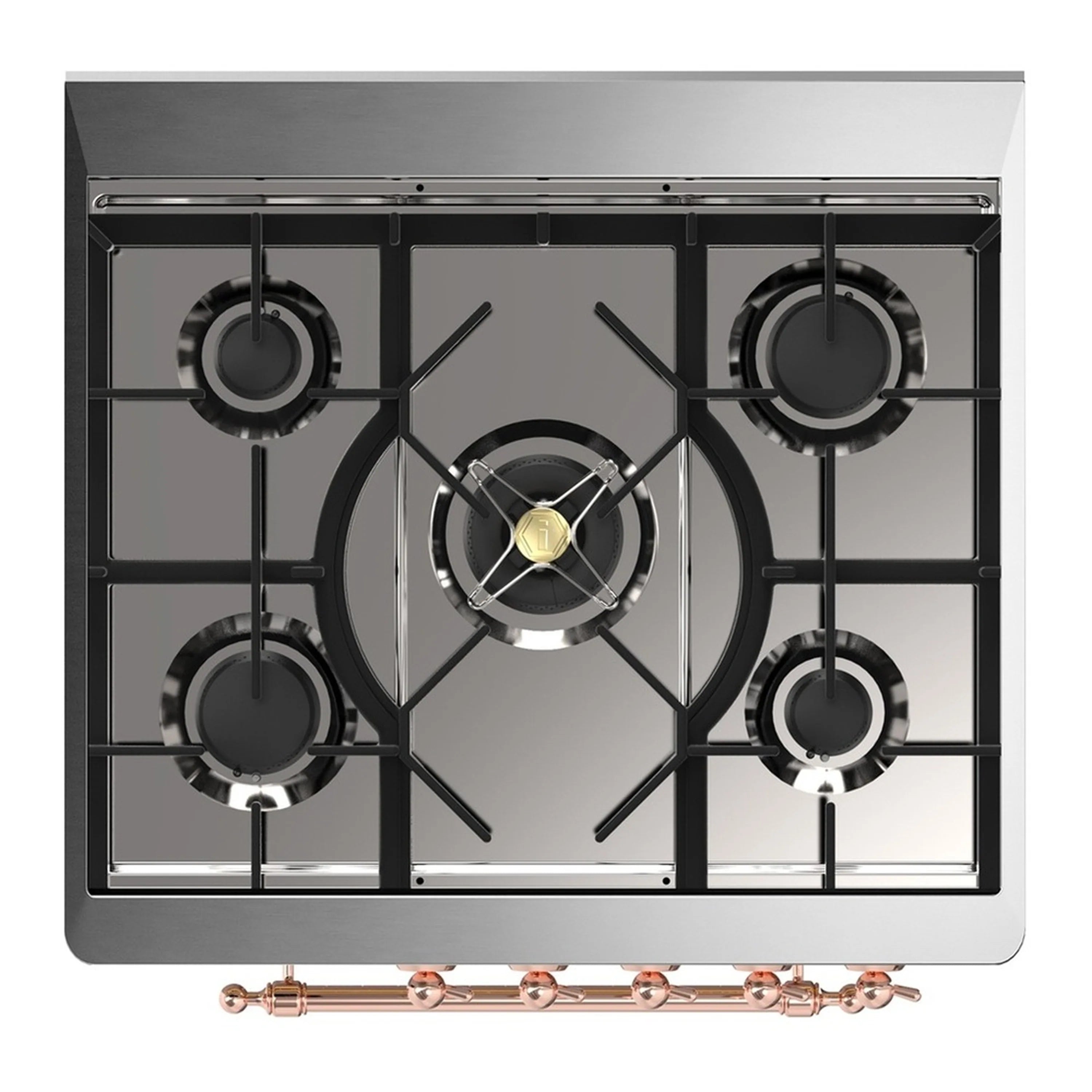 Gas cooktop with four black burner grates and copper control bar