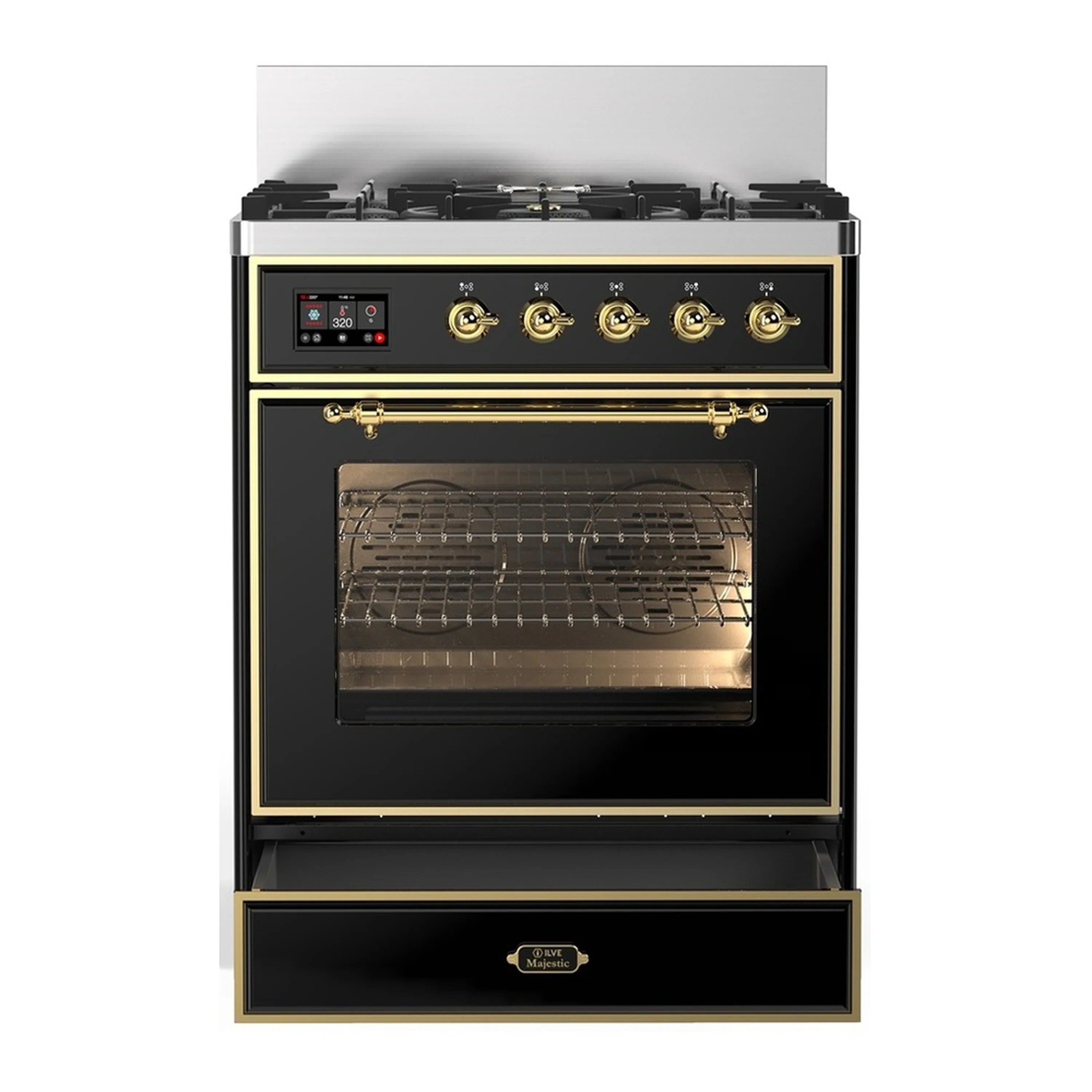Glossy black dual fuel range with brass trim, 5 burners, triple-glass oven door