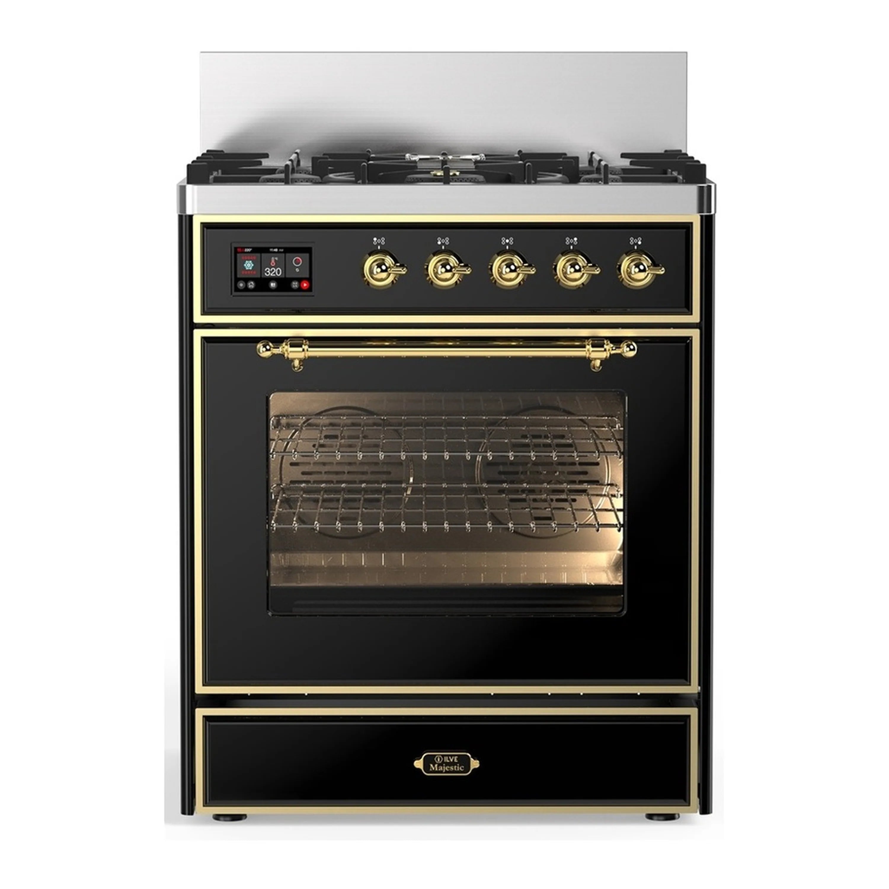 Glossy black dual fuel range with brass-trimmed control panel and 5-burner cooktop