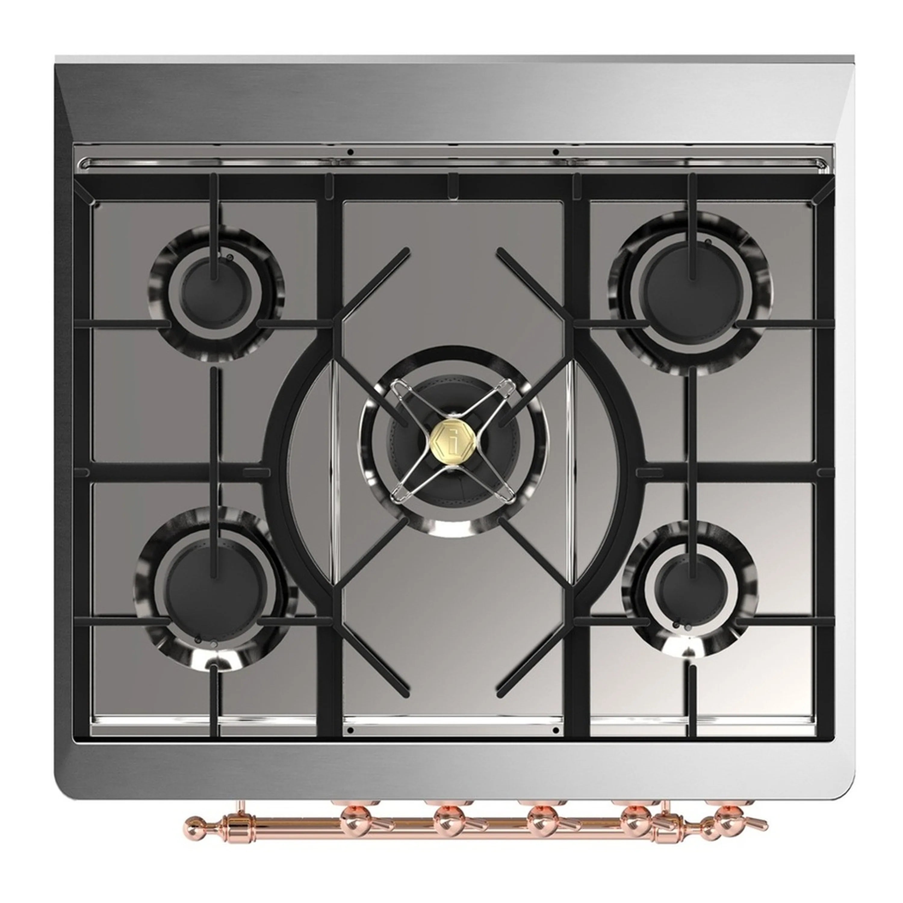 5-burner gas cooktop with black grates and copper control hardware on the range