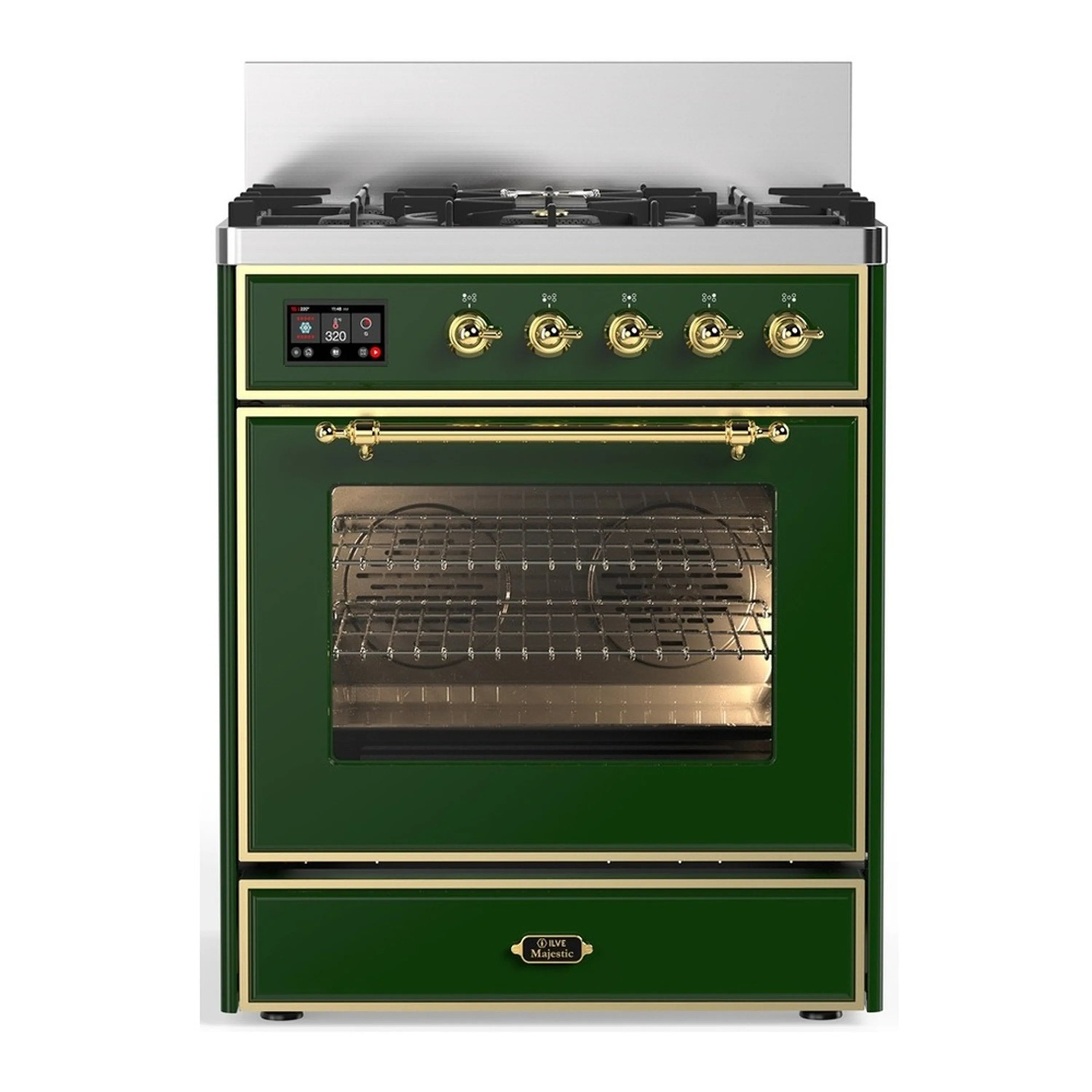 Emerald green dual fuel range with brass controls and oven door window.