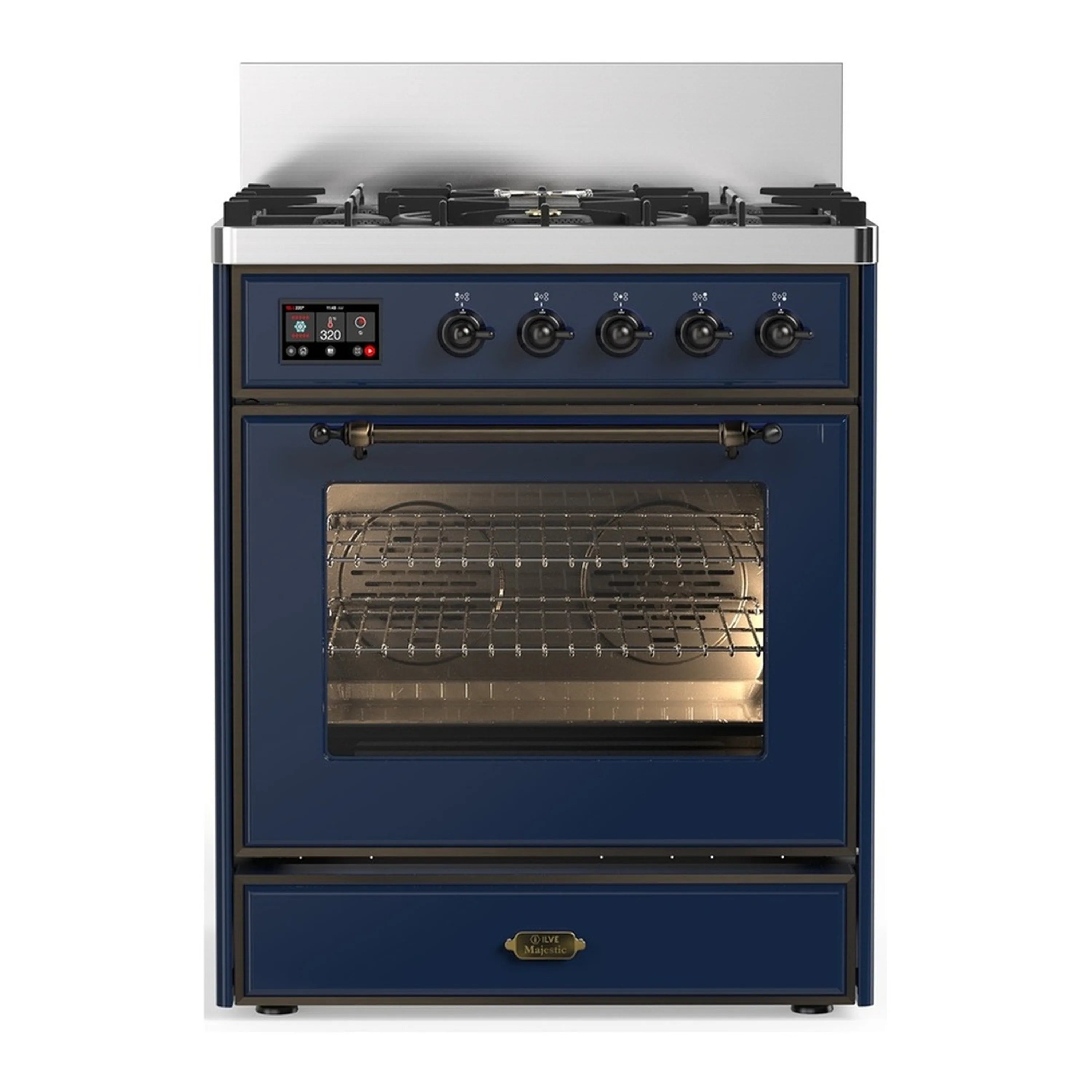 Midnight blue dual fuel range, 5-burner cooktop, triple-glass oven door