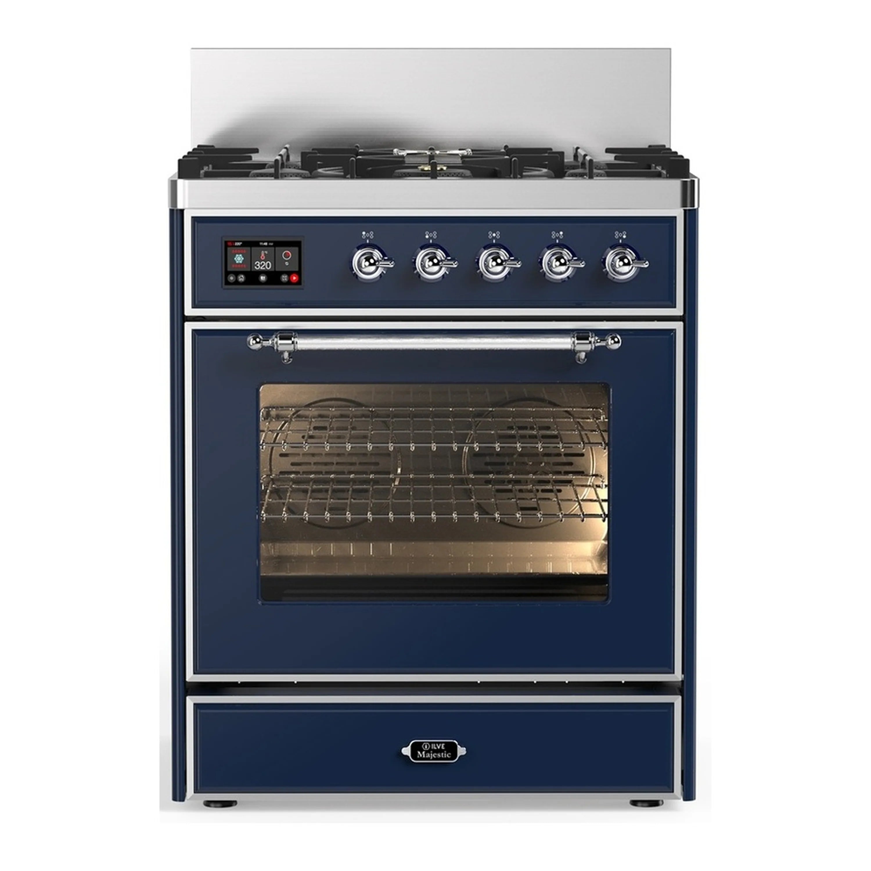 Midnight blue dual fuel range with chrome trim, closed oven door and burner control knobs