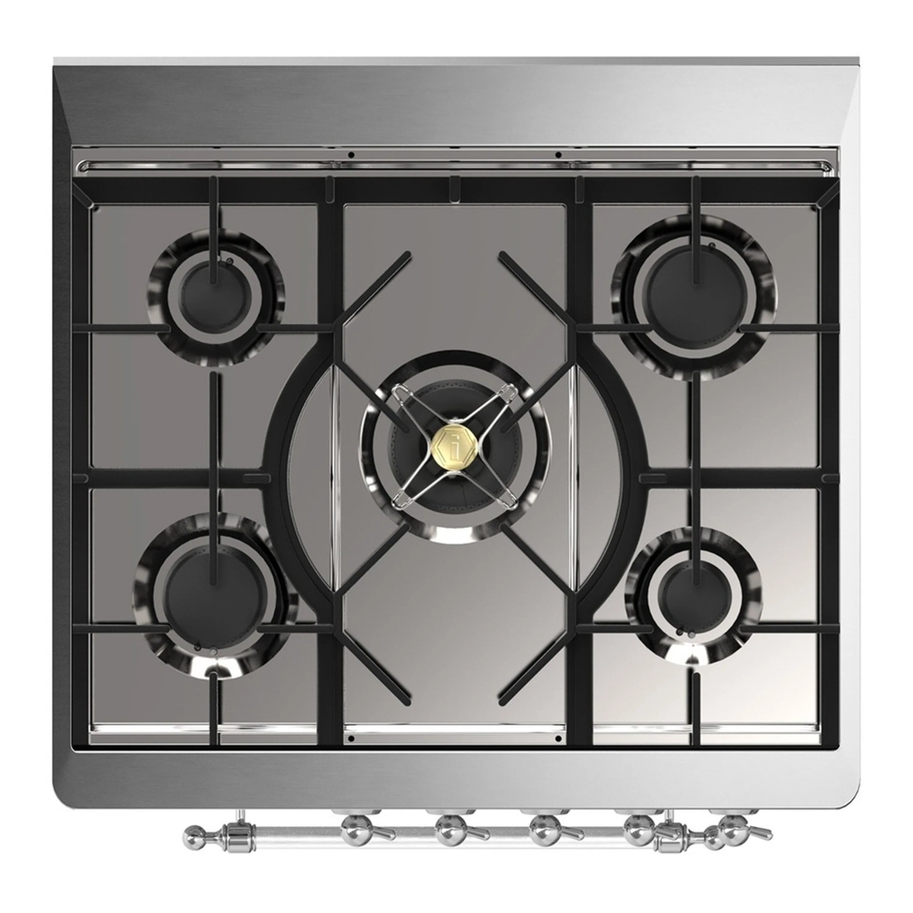 Dual fuel range gas cooktop with five cast-iron grates and black burner caps