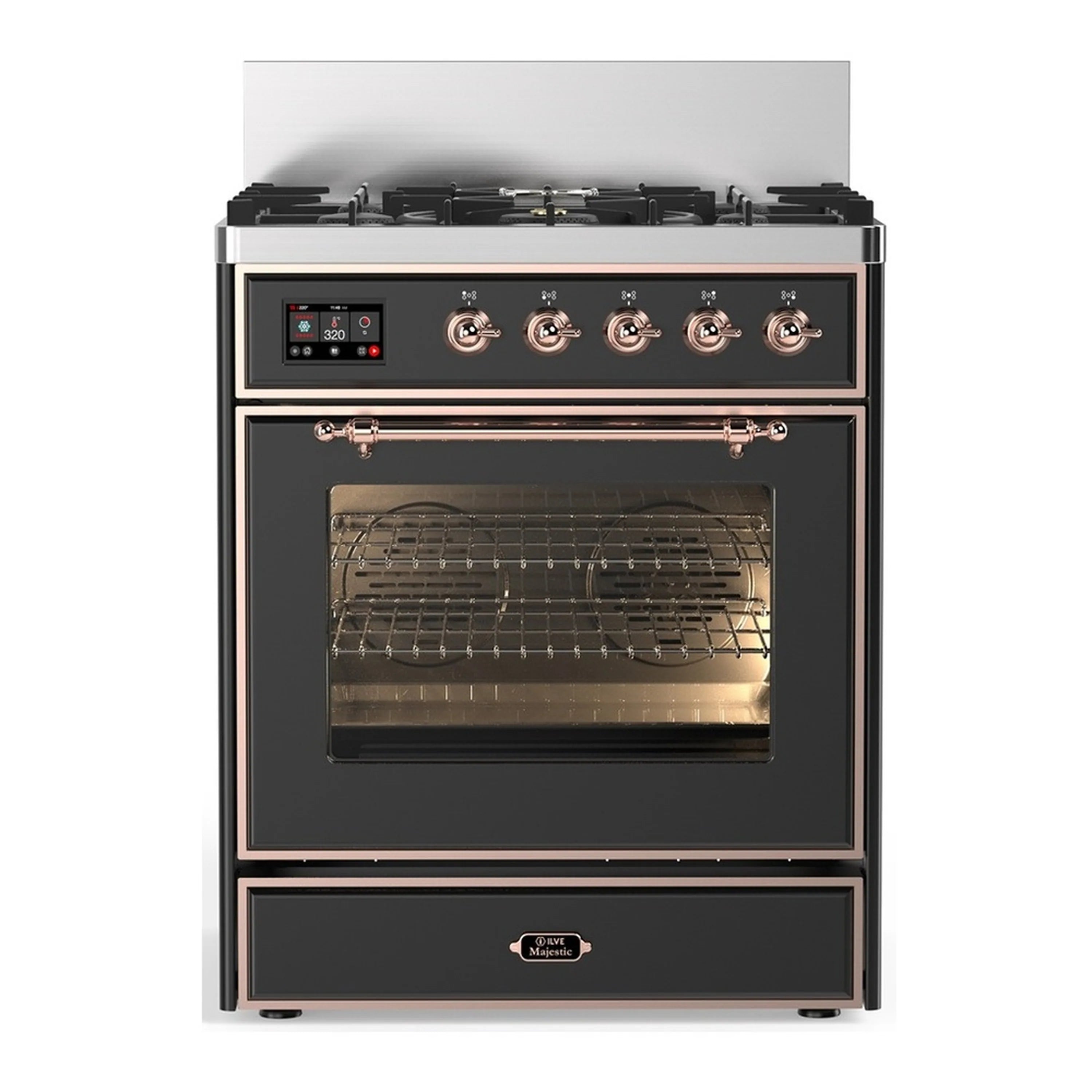 Dual fuel range with graphite matte finish, copper trim, and glass oven door.