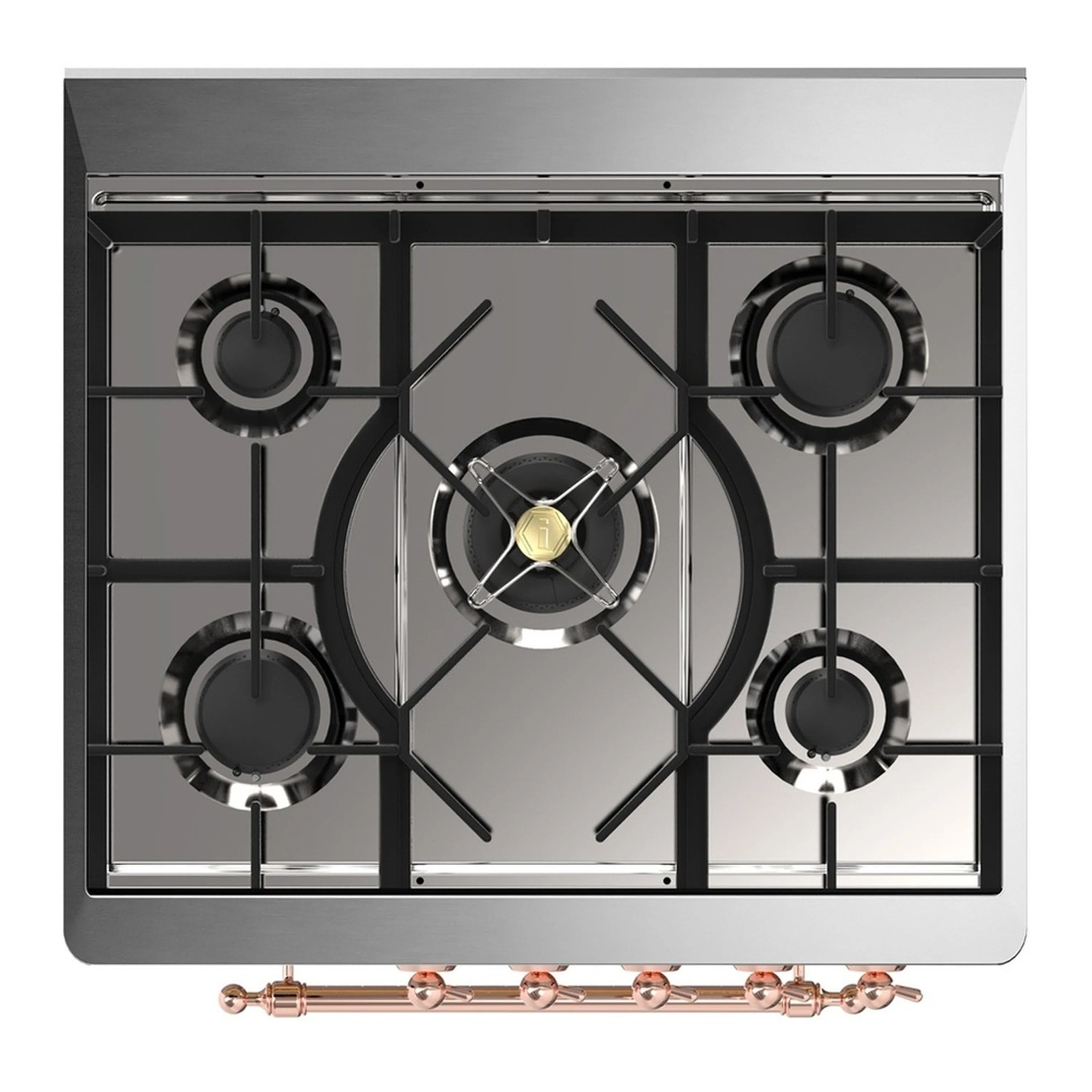 Graphite matte cooktop with four black burner grates and copper control trim
